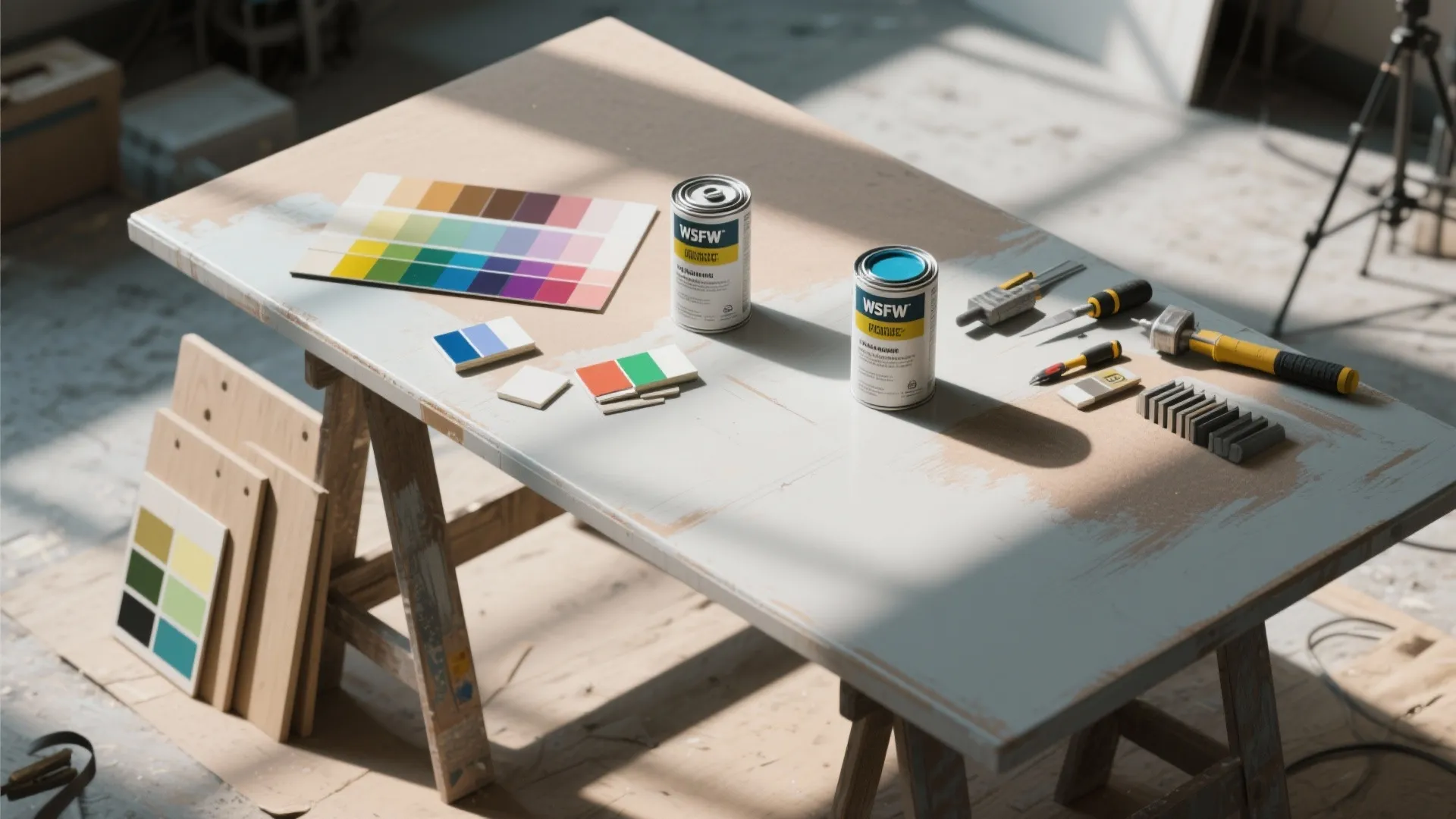 Top-down view of table prep with sanded surface, primer, and paint sample boards placed to test color in daylight.