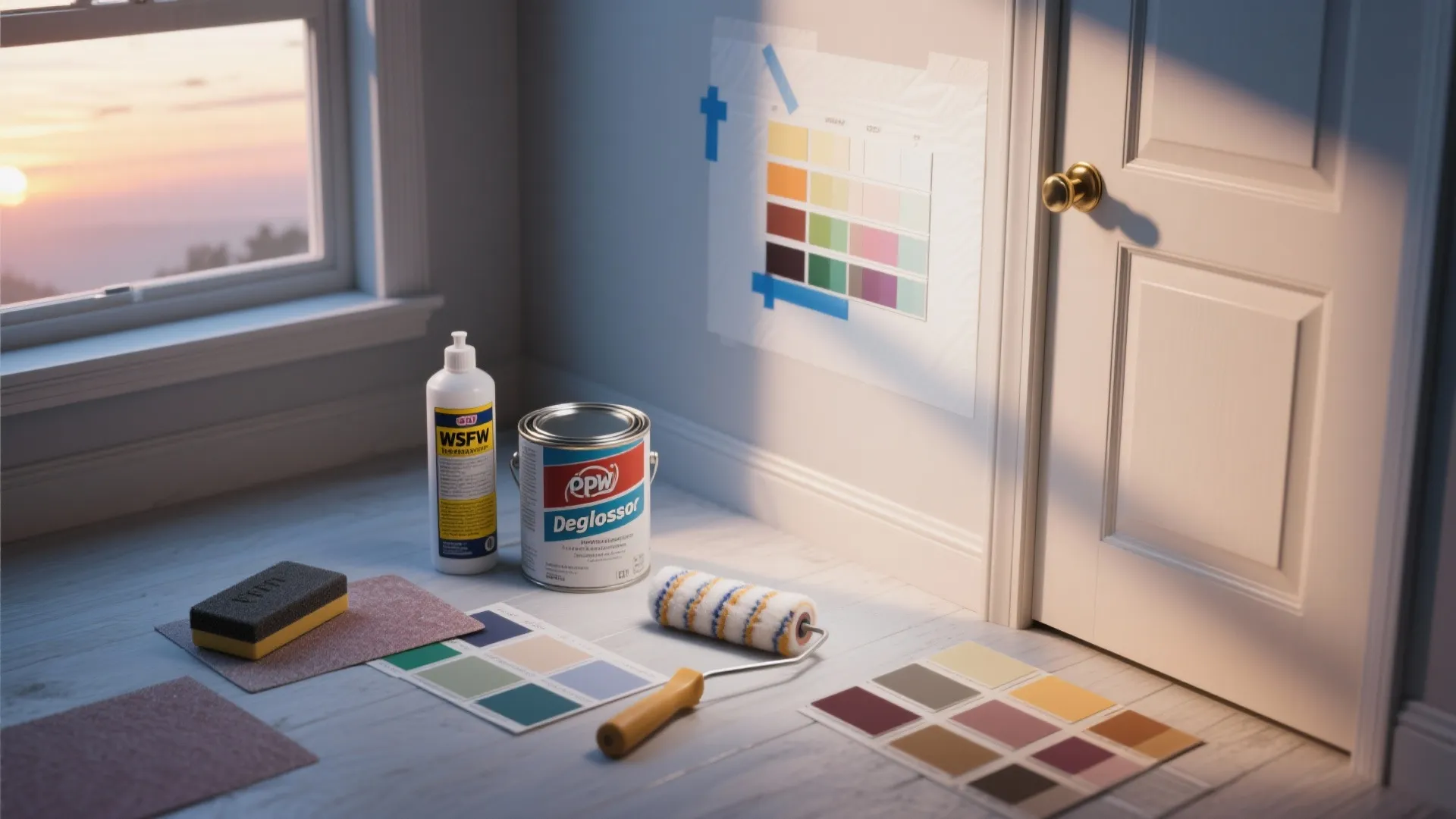 Paint can roller color swatches and sandpaper on a wooden floor near a white door