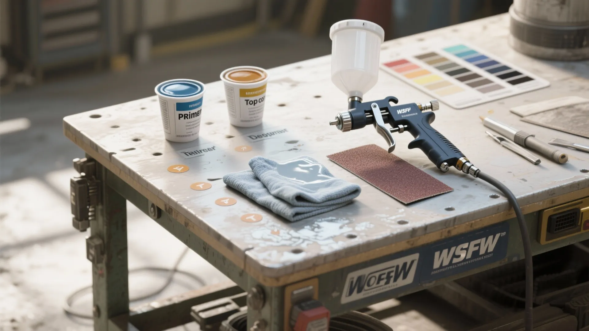Top-down layout of cabinet prep process: degreaser, sandpaper, spray gun and primer/topcoat swatches.