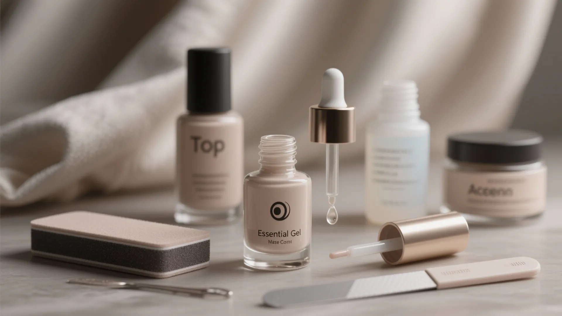 Essential gel bottle with liquid dropper alongside nail files and several beauty products on surface