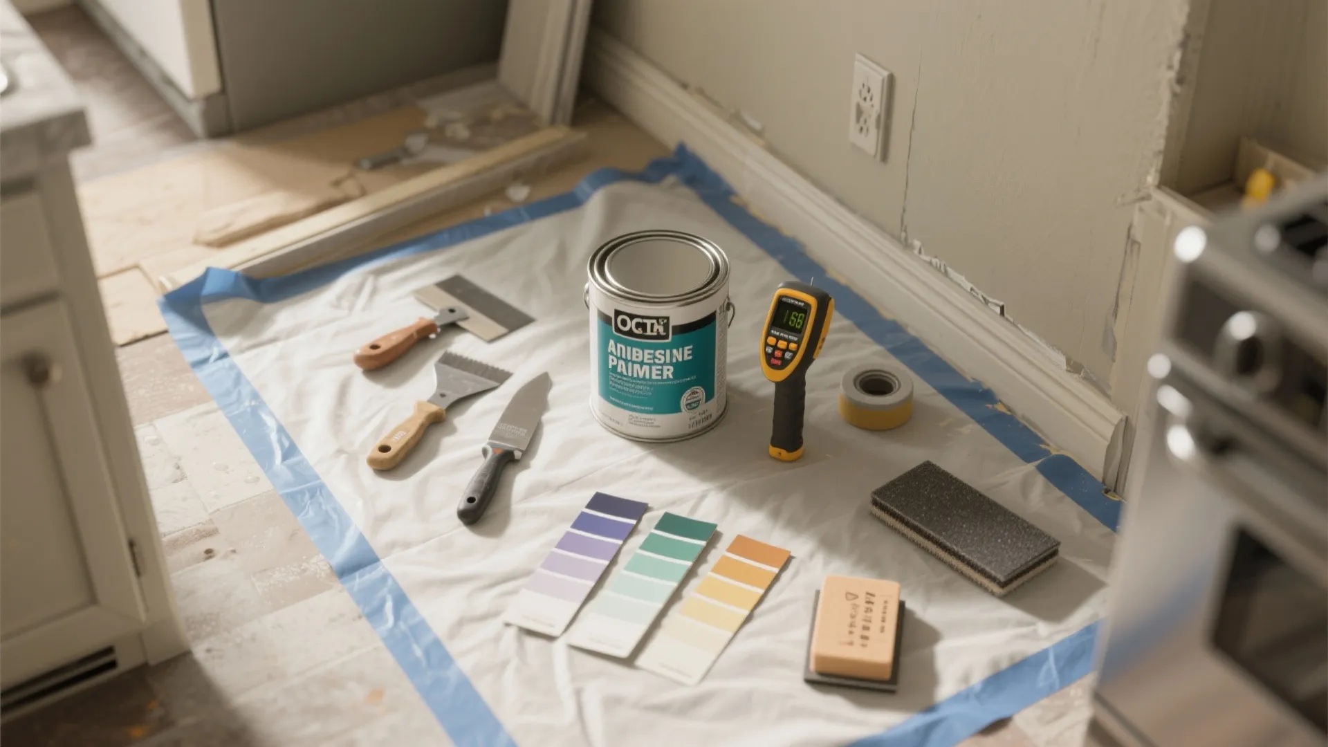 Home renovation tools including paint can, color swatches, scrapers, and tape on a protective sheet