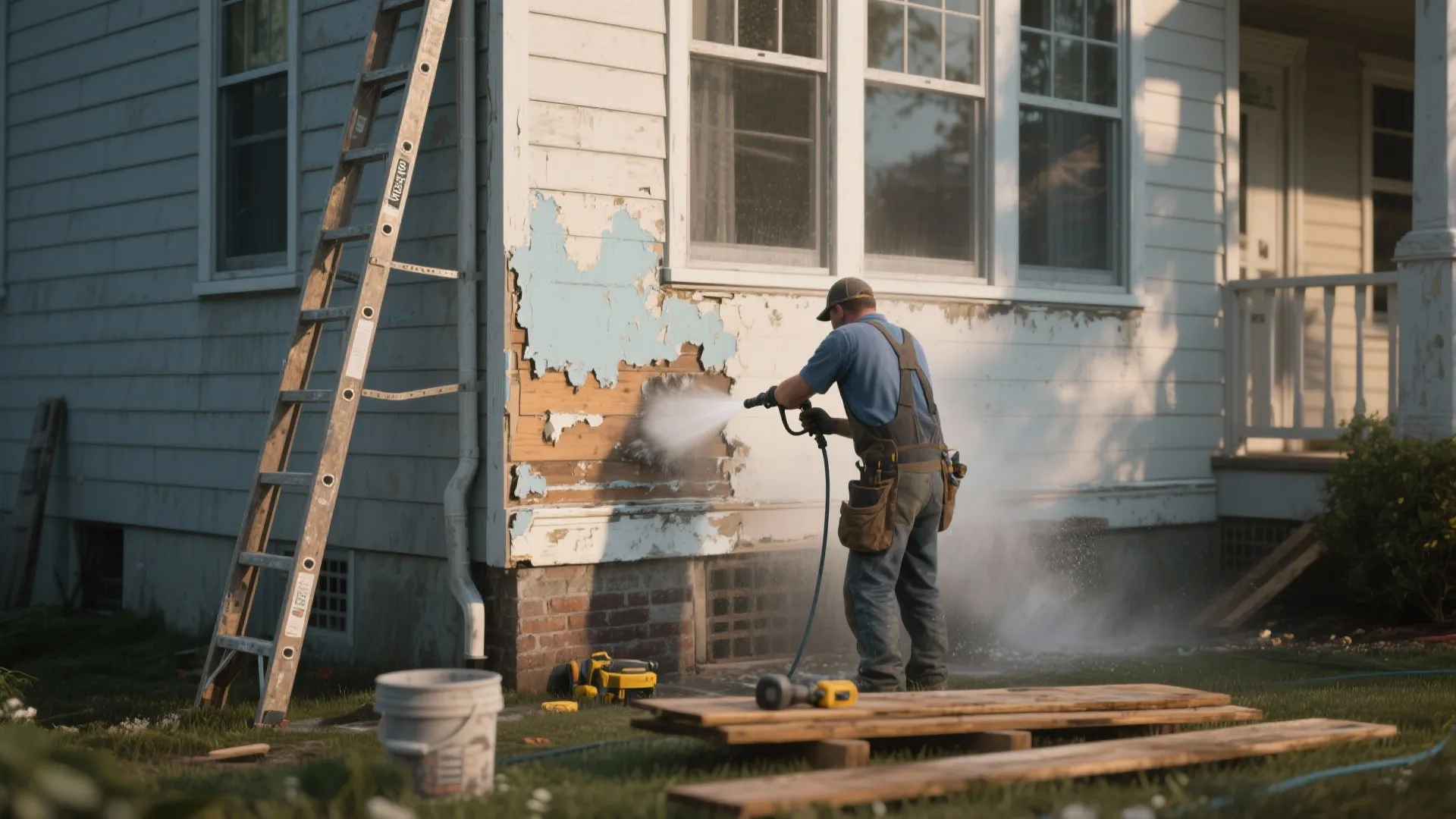 A man using a water sprayer to clean old paint off the white wall paneling