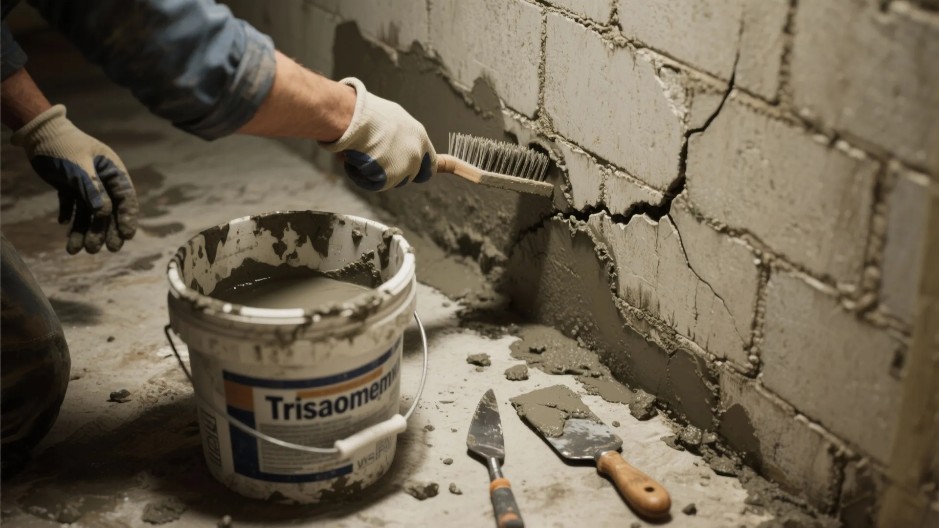 Top-down view of tools and materials cleaning and repairing a basement concrete wall before painting.