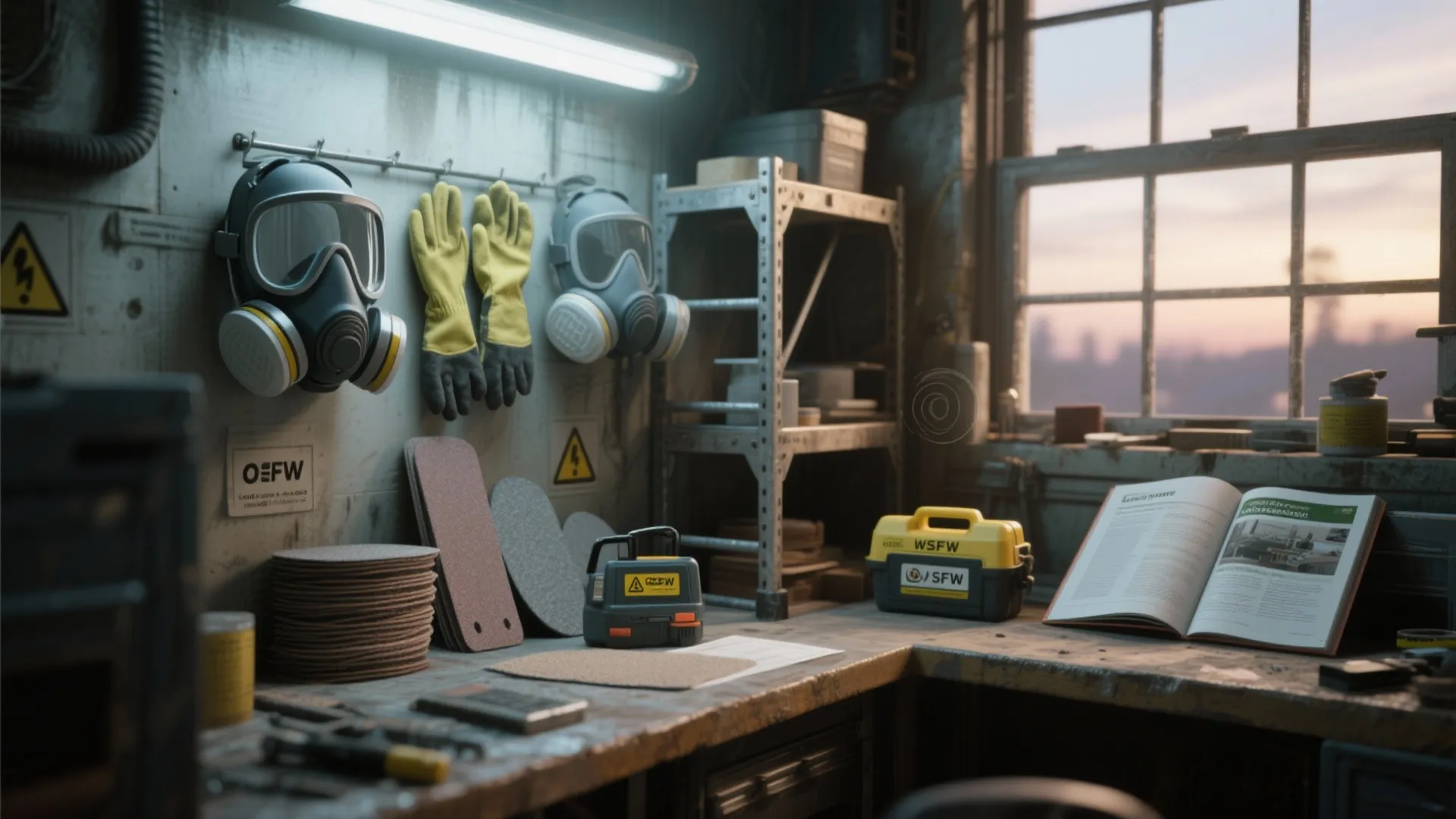 Workshop workbench with safety gas masks yellow gloves tools manual book and window at sunset