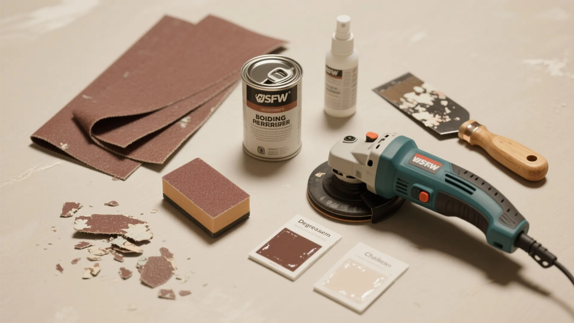 Various renovation tools including sandpaper sanding block power grinder scraper and cleaning spray on flat surface
