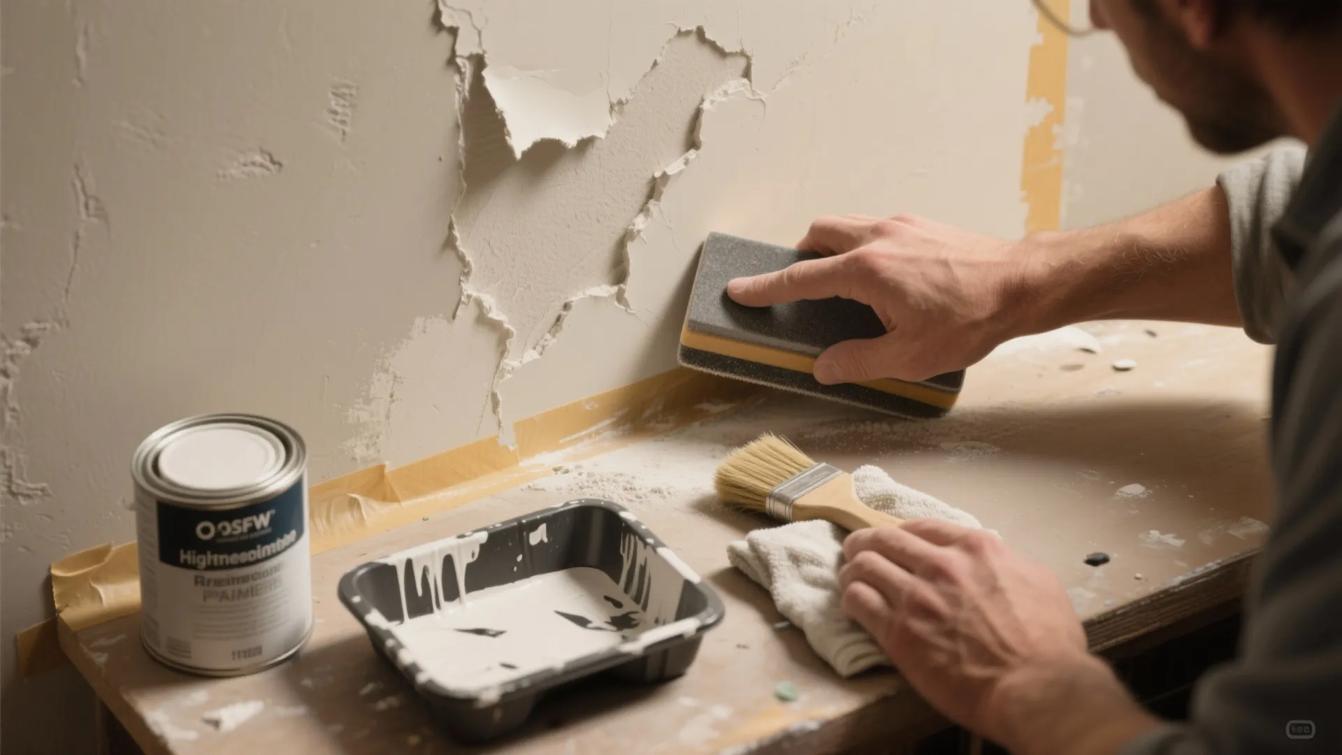 Man using a sanding block to smooth a damaged white wall with paint and brush