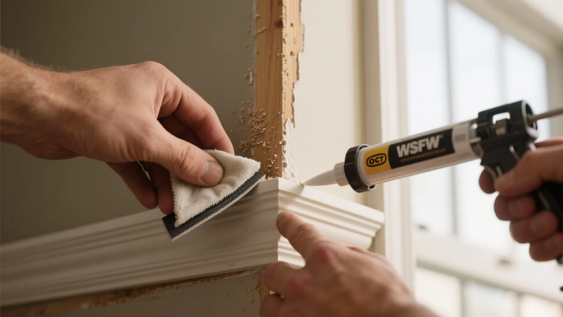 Hand applying white filler to a wall panel trim while another hand prepares the wooden surface