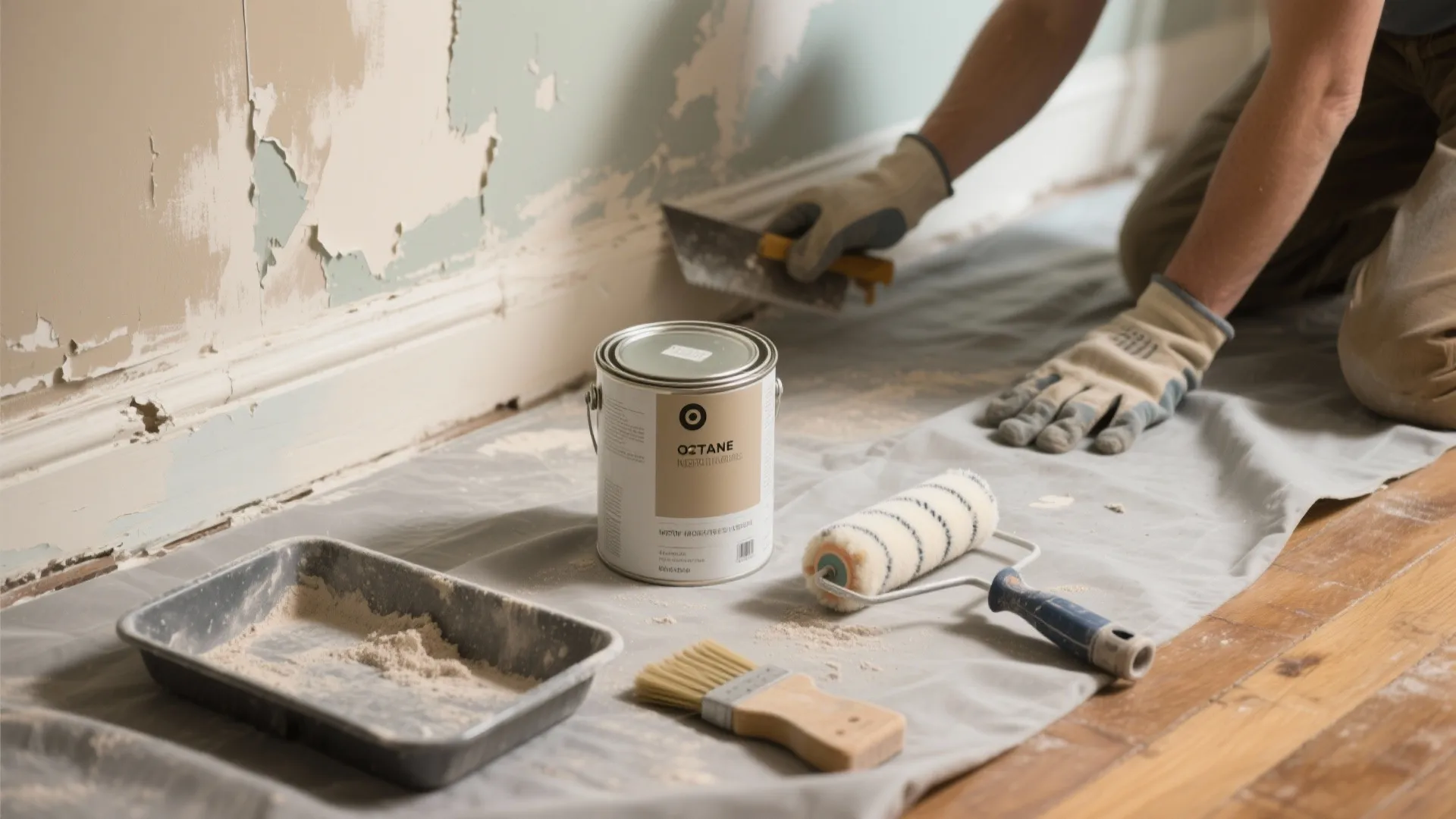 Man scraping old wall paint with metal tool near paint can and roller on floor