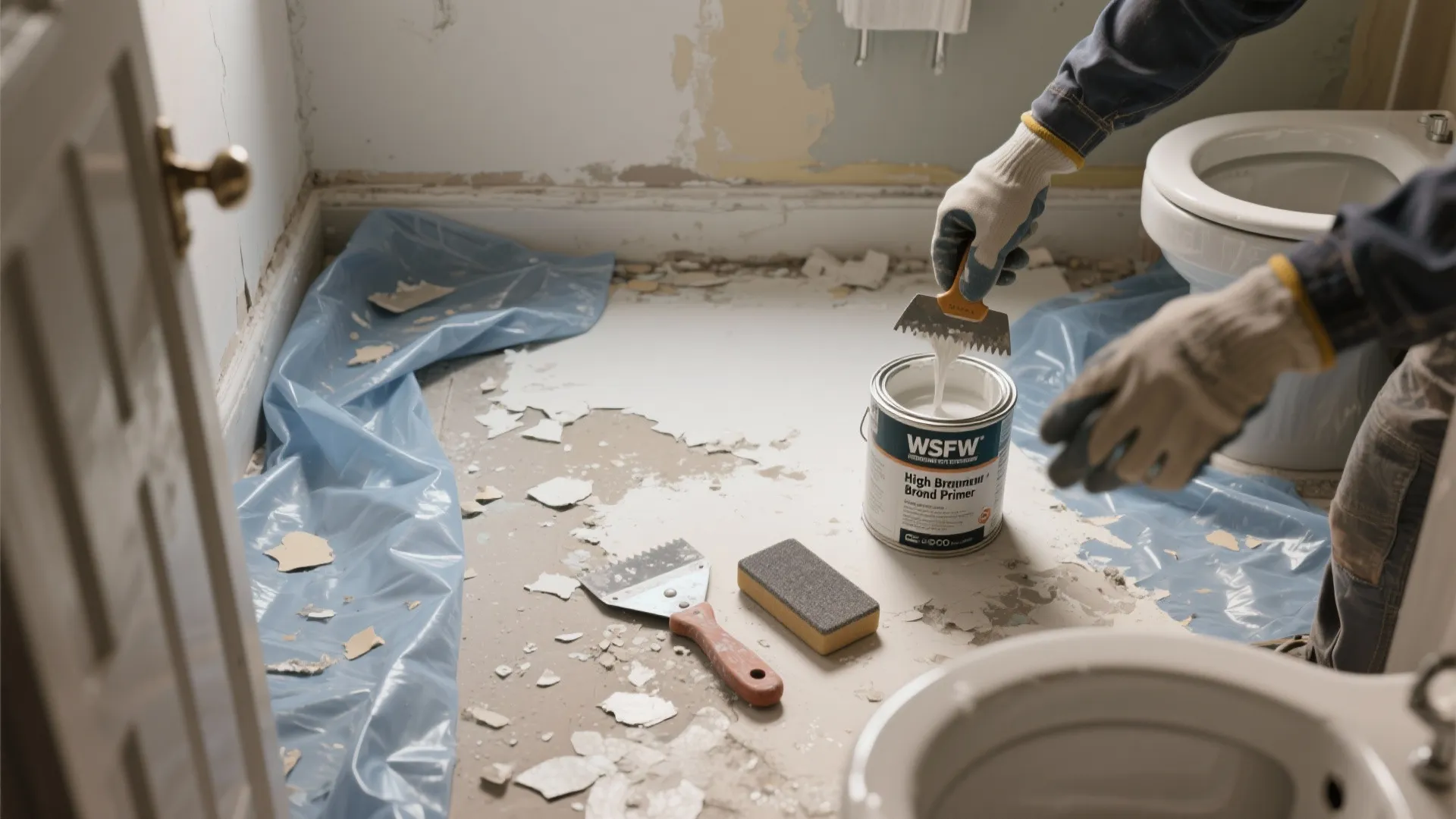 Worker wearing gloves using a scraper tool near primer can on messy bathroom floor surface