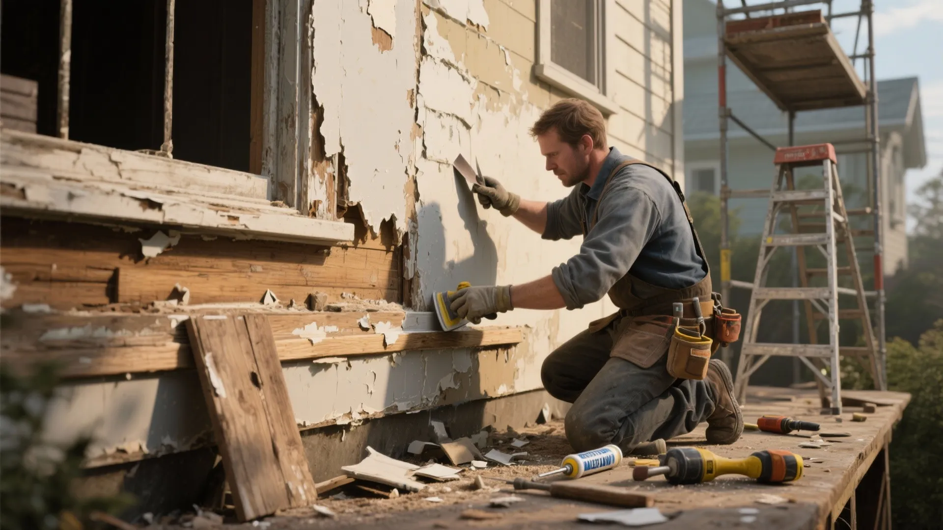 Worker scraping and sanding old paint from house wall to prepare surface for new renovation