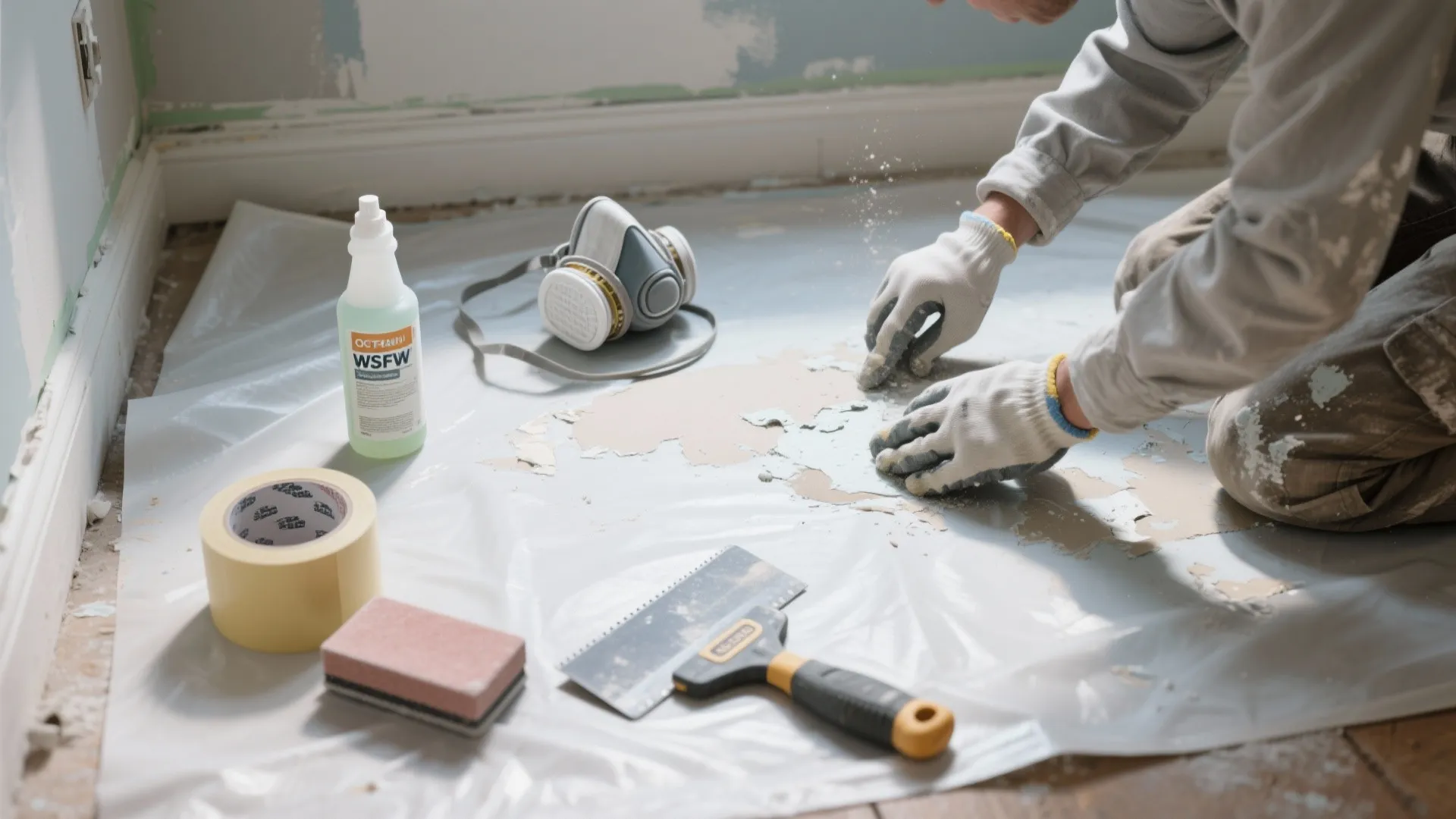 Worker in gloves cleaning old paint off plastic sheet with respirator and tools nearby floor