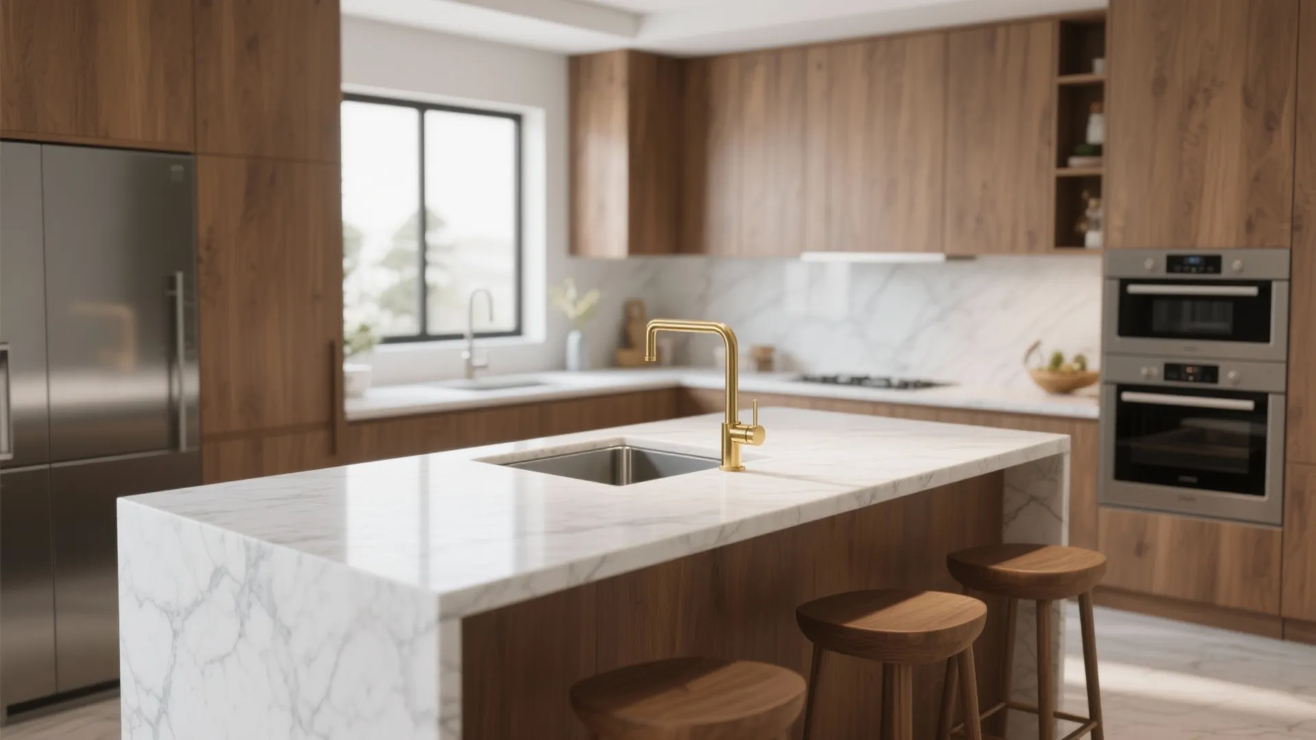 Kitchen island with small prep sink and gold faucet