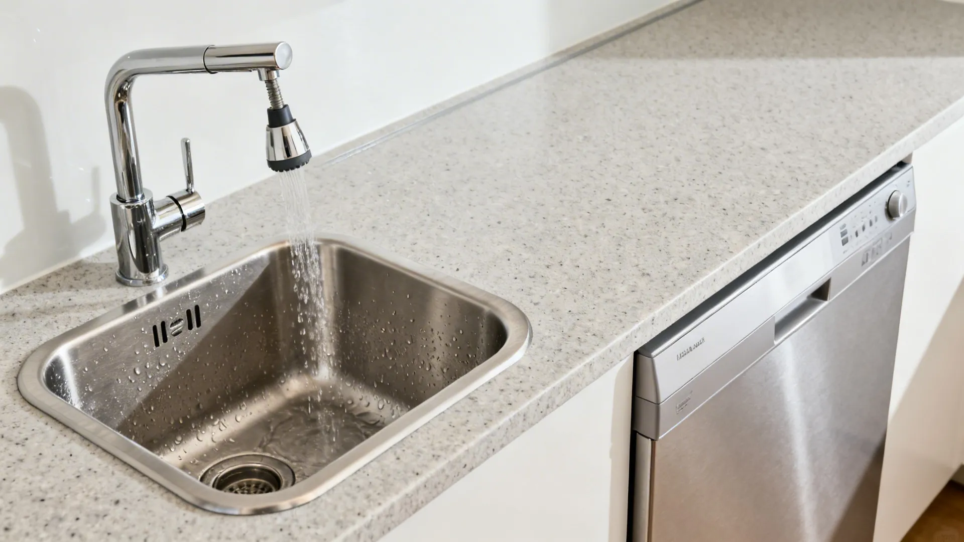 Macro of a 60 cm prep sink with pull-out spray and uninterrupted quartz prep area.