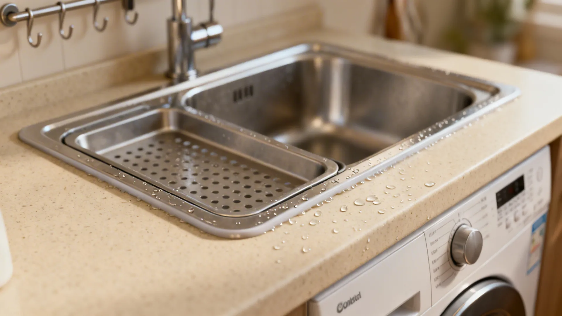 Macro of compact sink with perforated tray set in beige quartz above a front-load washer.