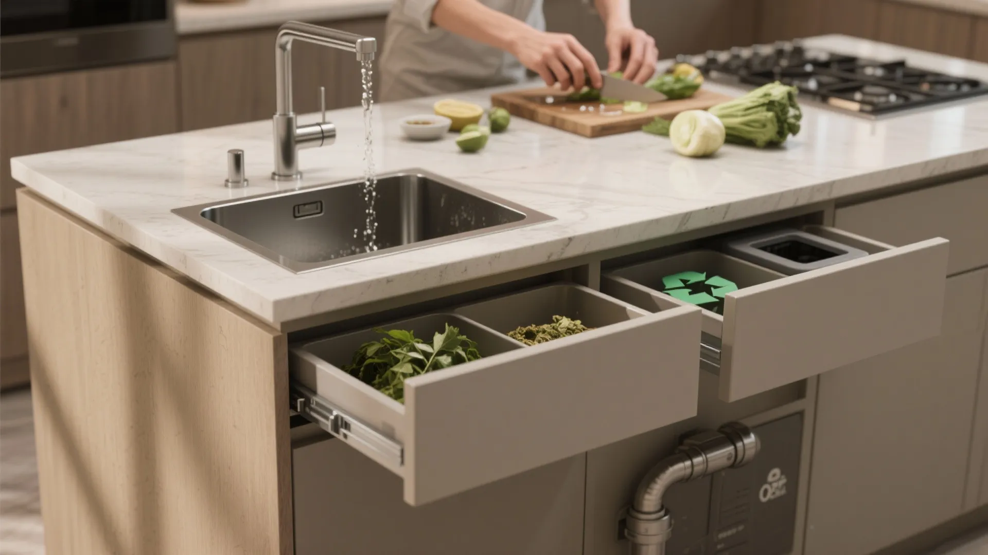 Island with integrated prep sink and open waste-sorting drawers including a compost bin, showing efficient kitchen workflow.