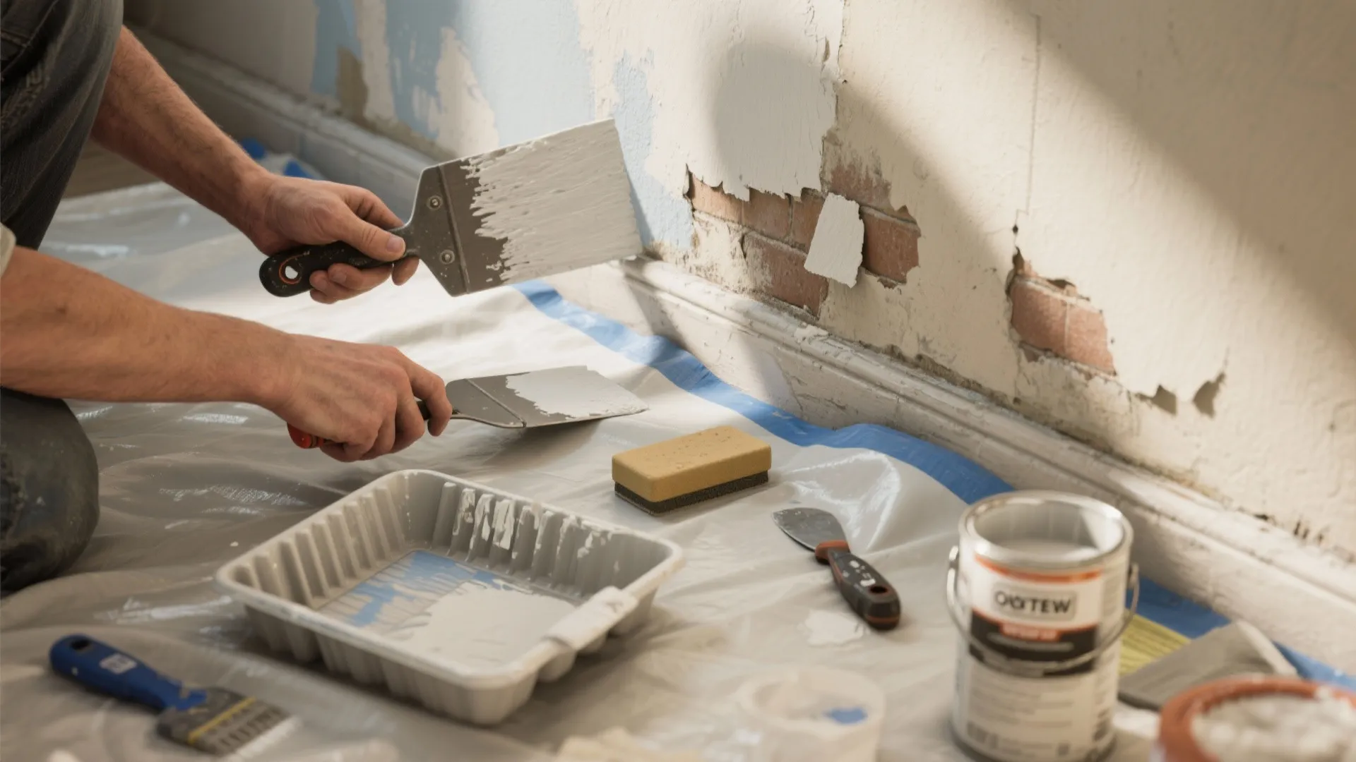 Top-down view of prep tools for painting: sanding, putty, primer tray, and tape on a drop cloth.