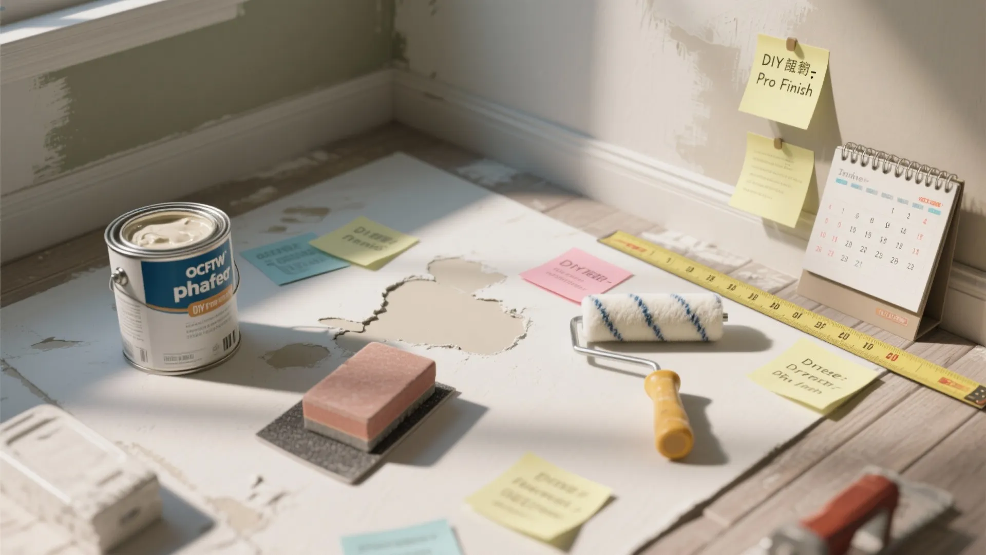 DIY painting tools including paint can roller ruler sticky notes and calendar on a floor