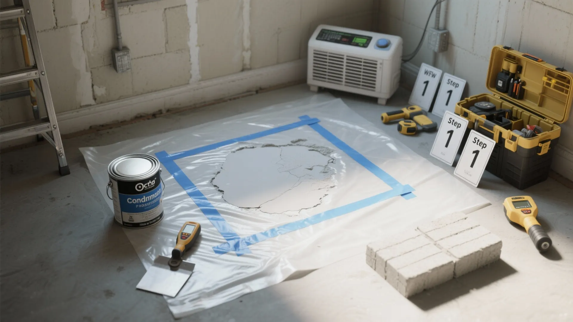 Top-down view of basement prep tools: plastic tape test, moisture meter, primer, trowel and dehumidifier.