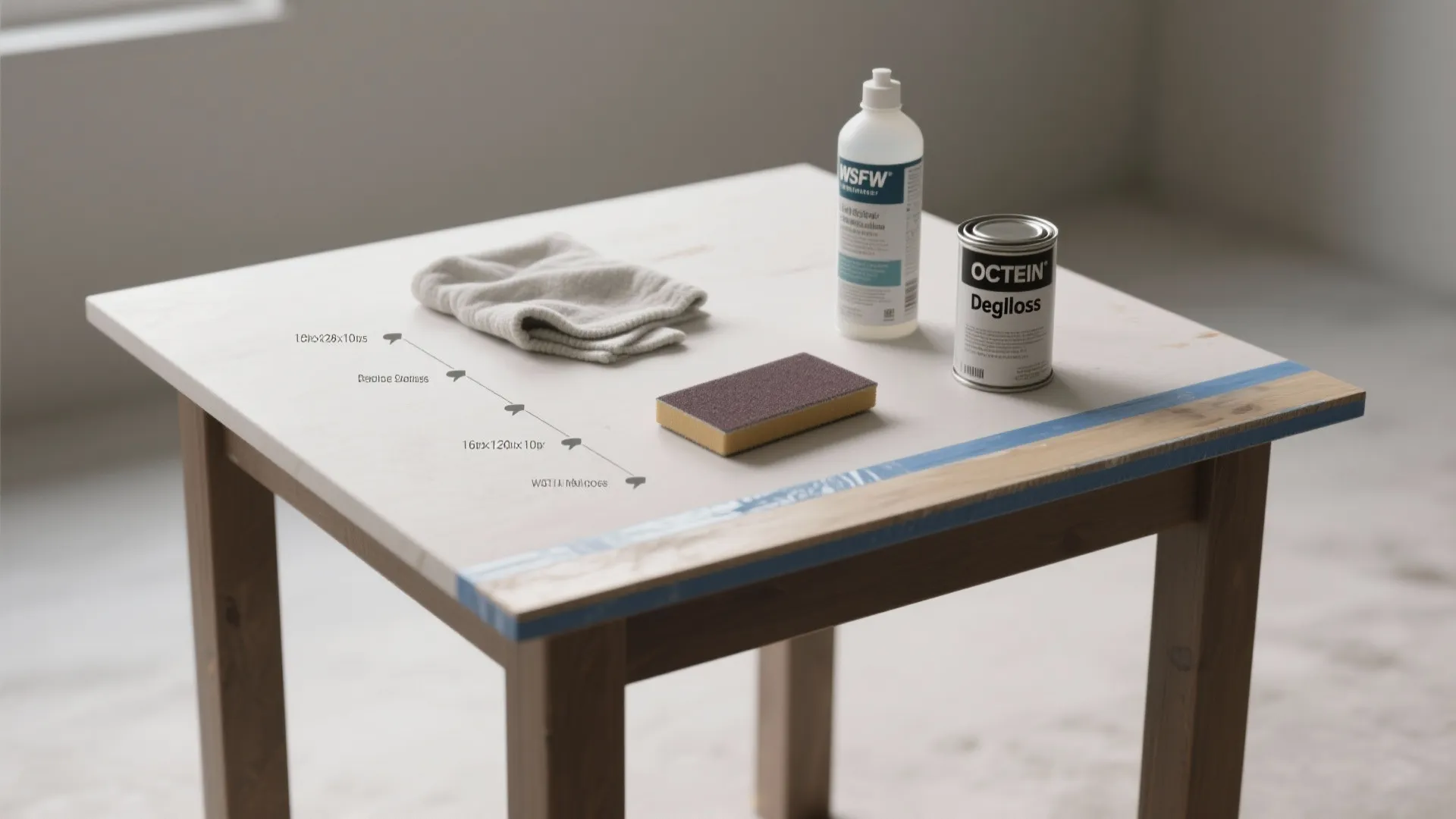 Table preparation area with deglossing liquid sanding block cleaning cloth and blue tape on wood