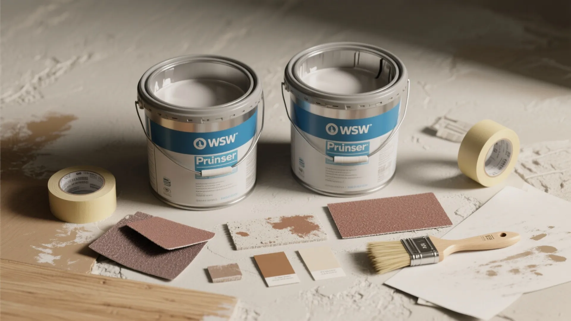 Two white paint cans with sandpaper and tape and a brush for home wall painting