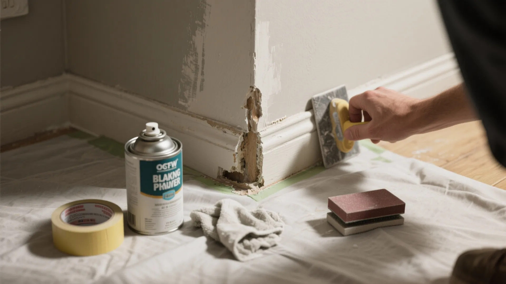 Top-down view of sanding block, damp cloth, primer can and taped wall edges preparing a repair area