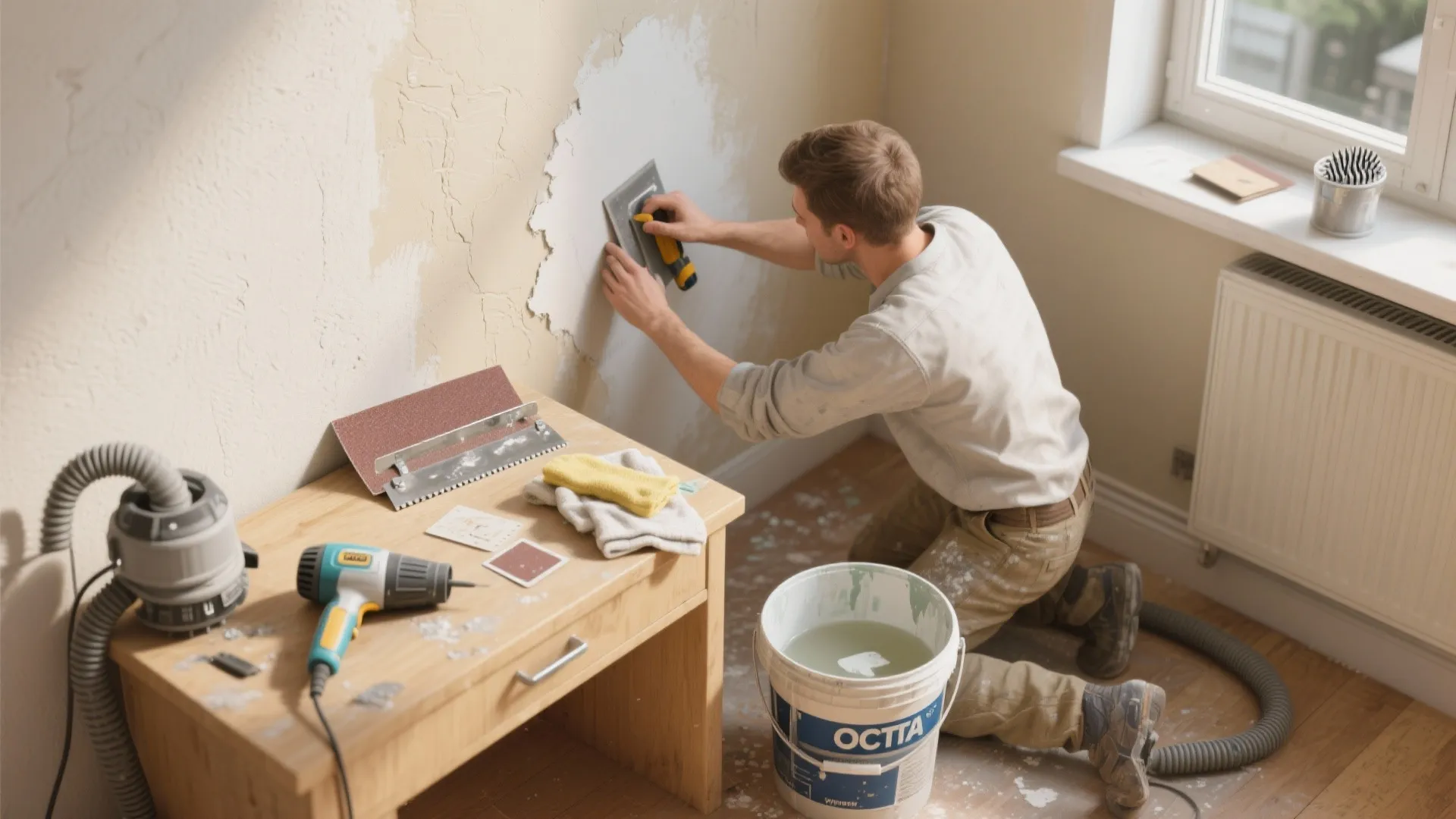 Person kneeling on floor using a hand tool to smooth white plaster on a wall