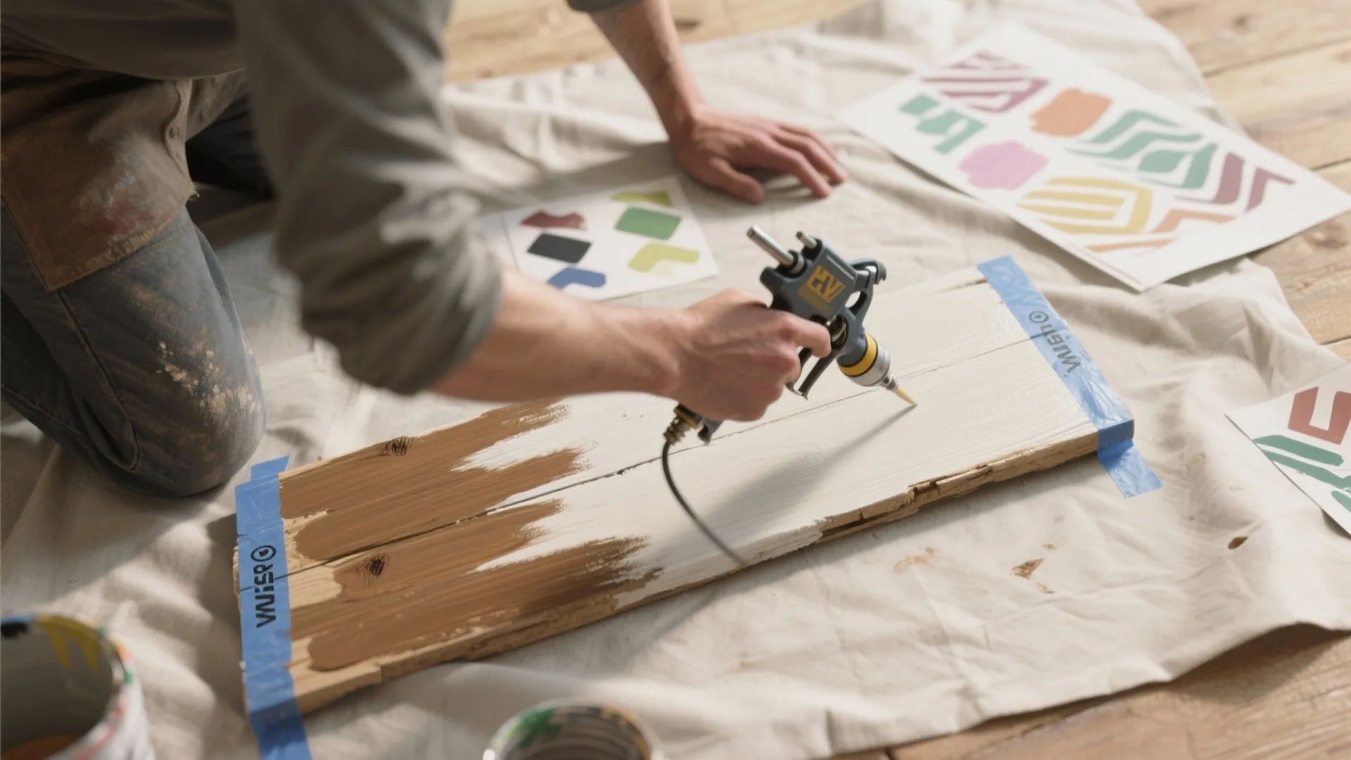 Top-down practice strokes on scrap wood with masking and consistent overlap to demonstrate spray technique.