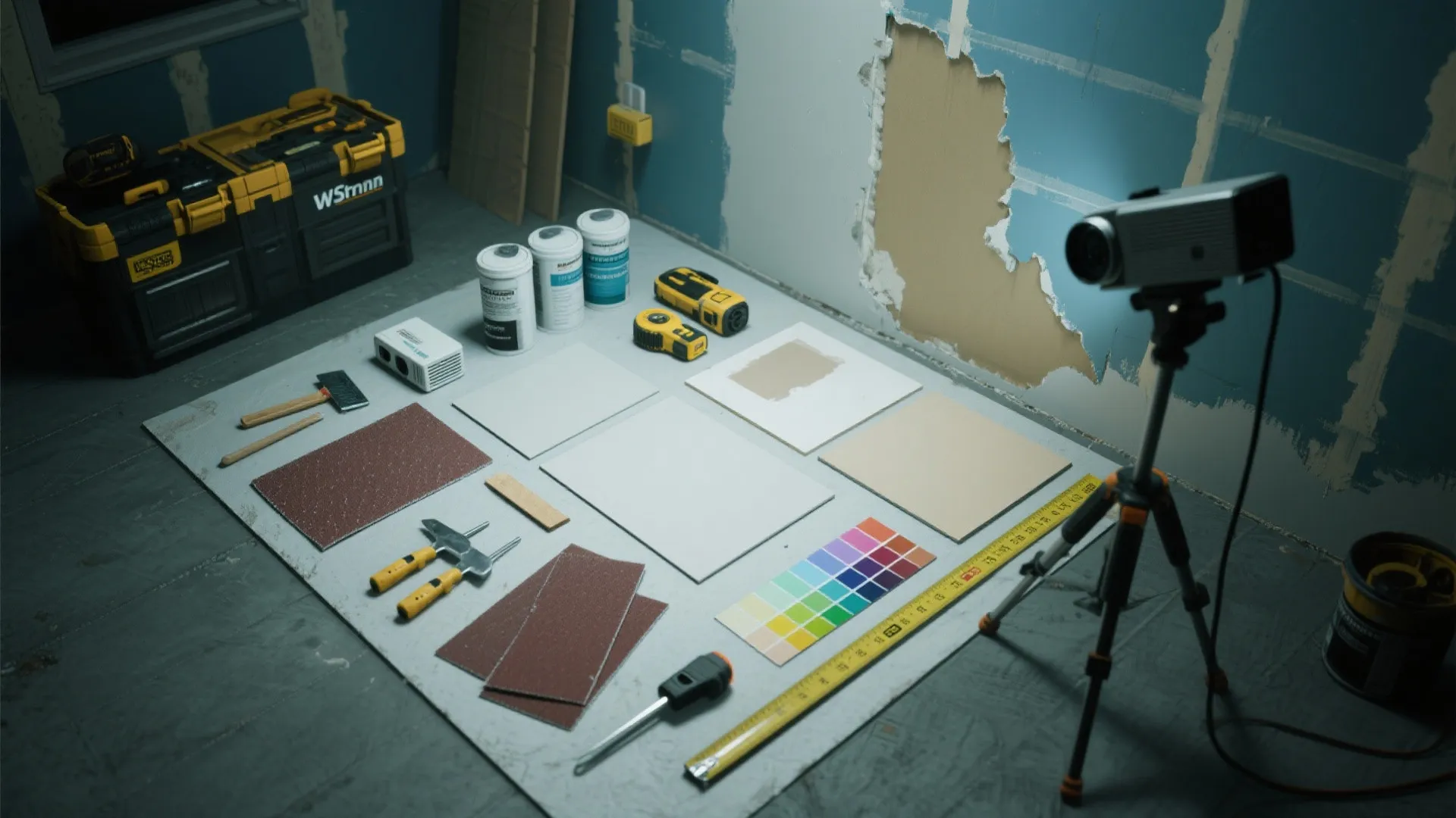 DIY renovation tools and paint materials laid out on floor beside toolbox ruler and tripod
