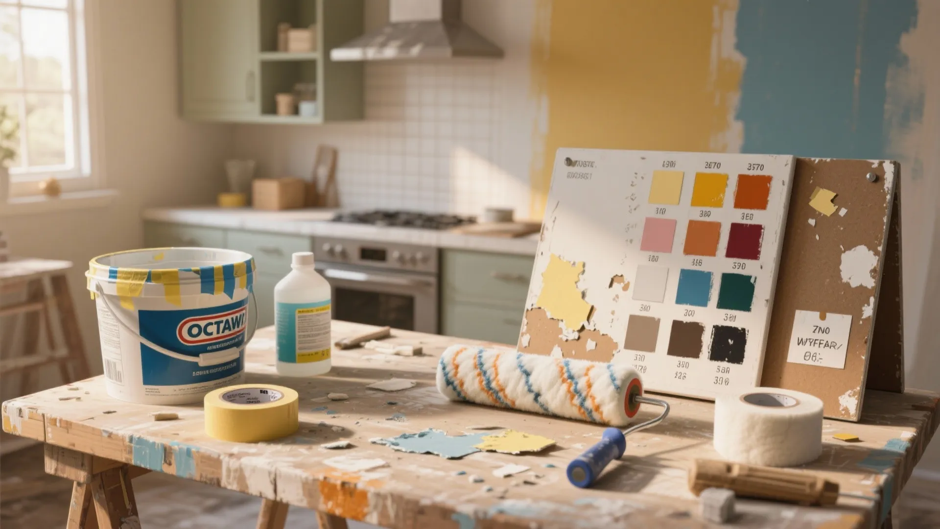 Wooden table in a kitchen with paint bucket roller color palette tape and various wall samples