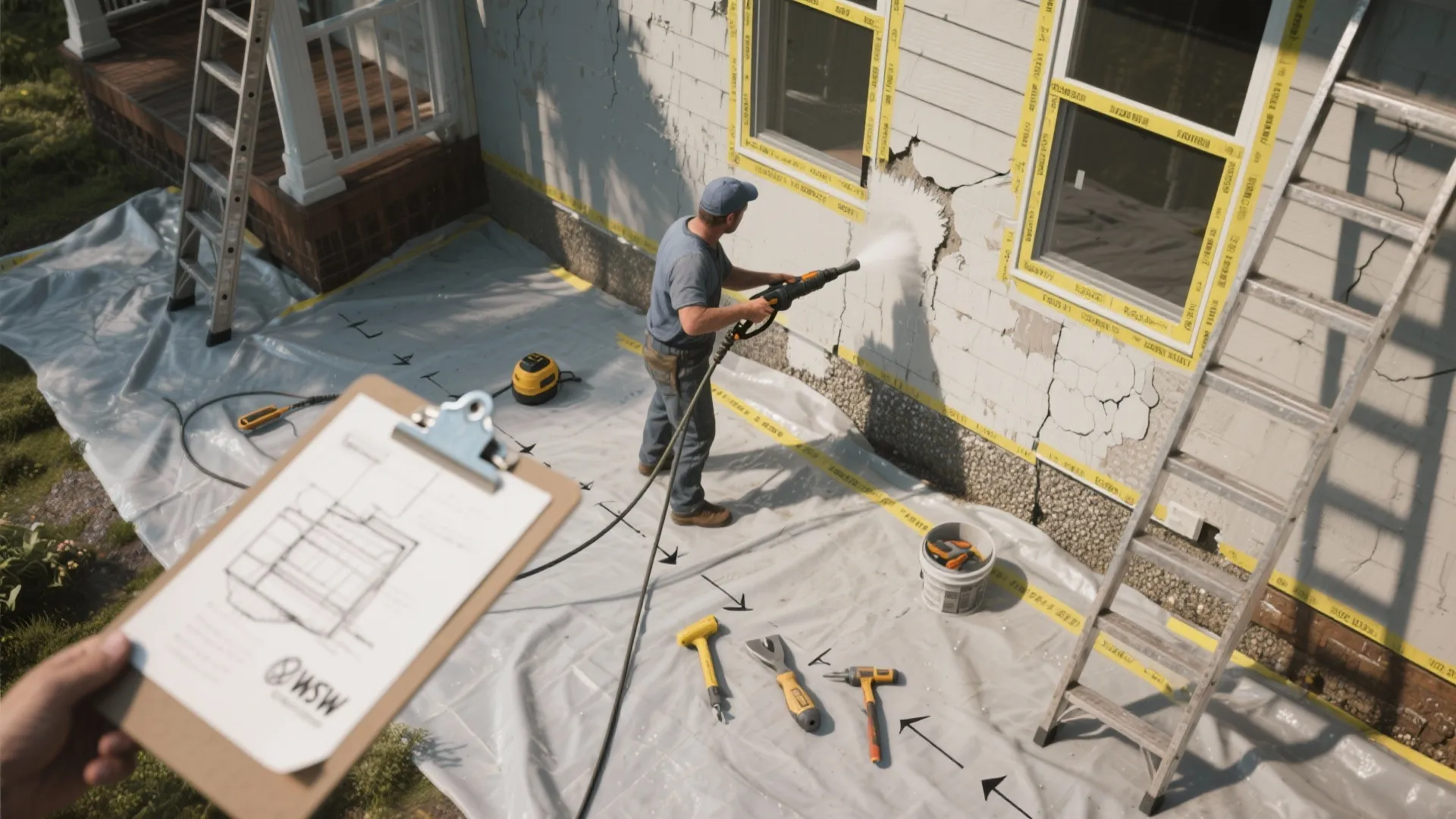 Top-down view of pressure washing, scraping, masked windows and a site sketch mapping ladders and drop cloths.