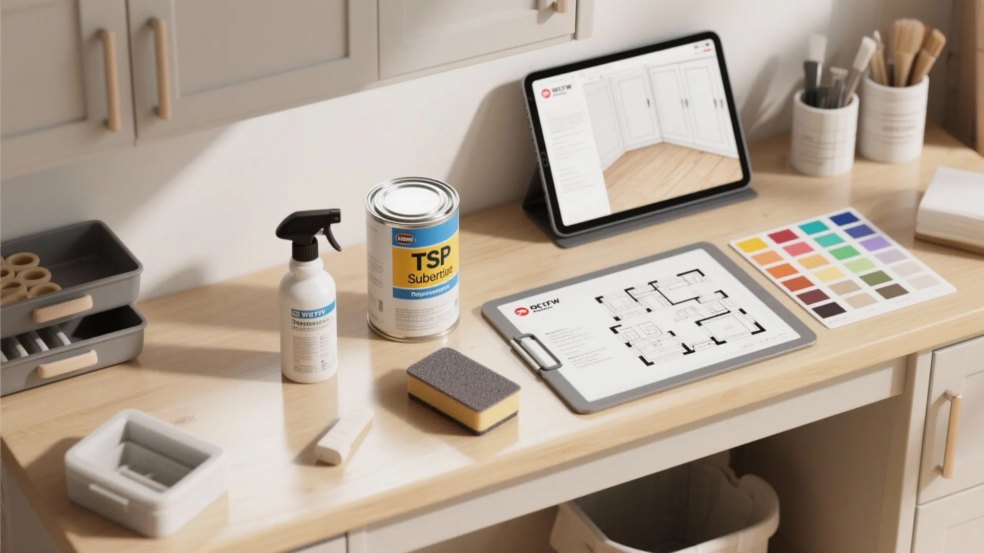 Prep supplies for cabinet painting including degreaser, sanding block, primer and a 3D planner on tablet