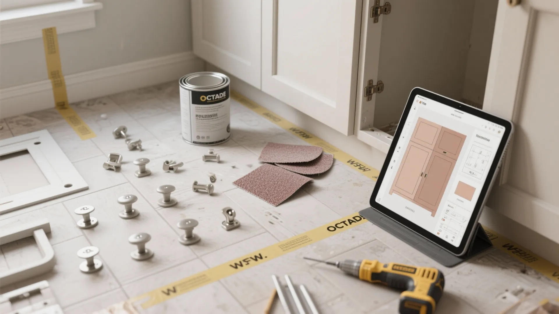 Cabinet hardware paint can and tools on floor with tablet showing kitchen cabinet interior design