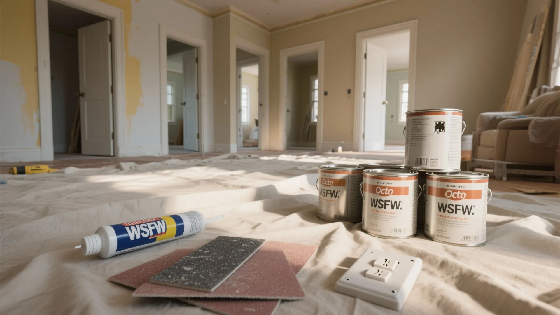 Home renovation scene with paint cans and tools on a protective sheet in an empty room