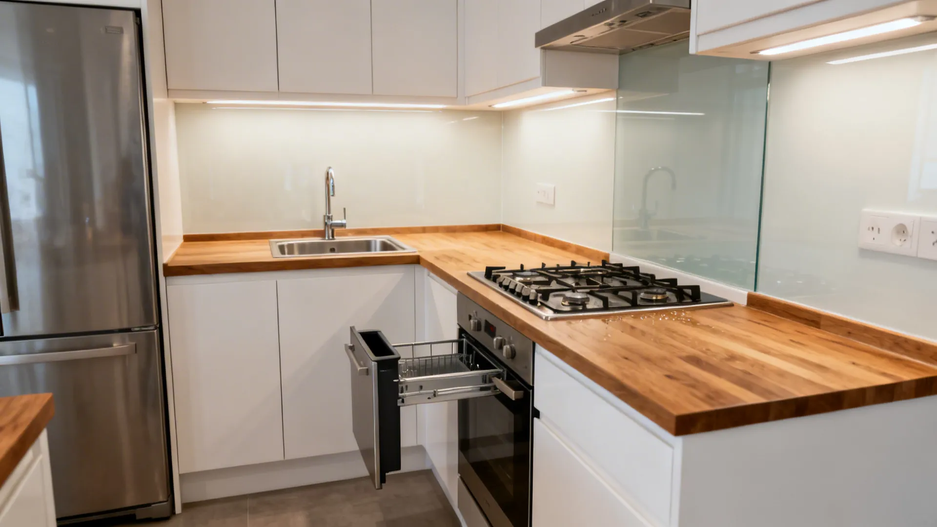 Compact L-shaped kitchen showing wet, prep, and hot zones with clear landing spaces and warm task lighting.