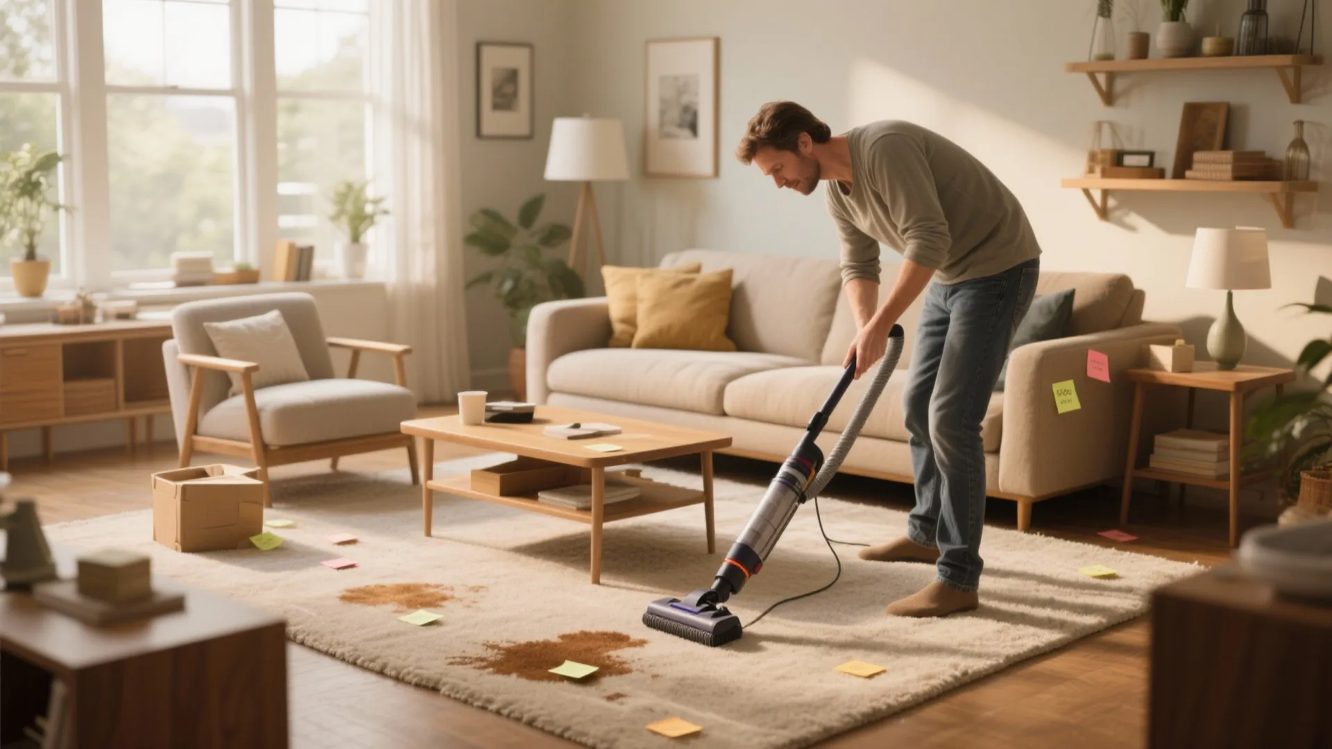 Homeowner vacuuming and moving small furniture, marking stains to prepare for carpet cleaning.