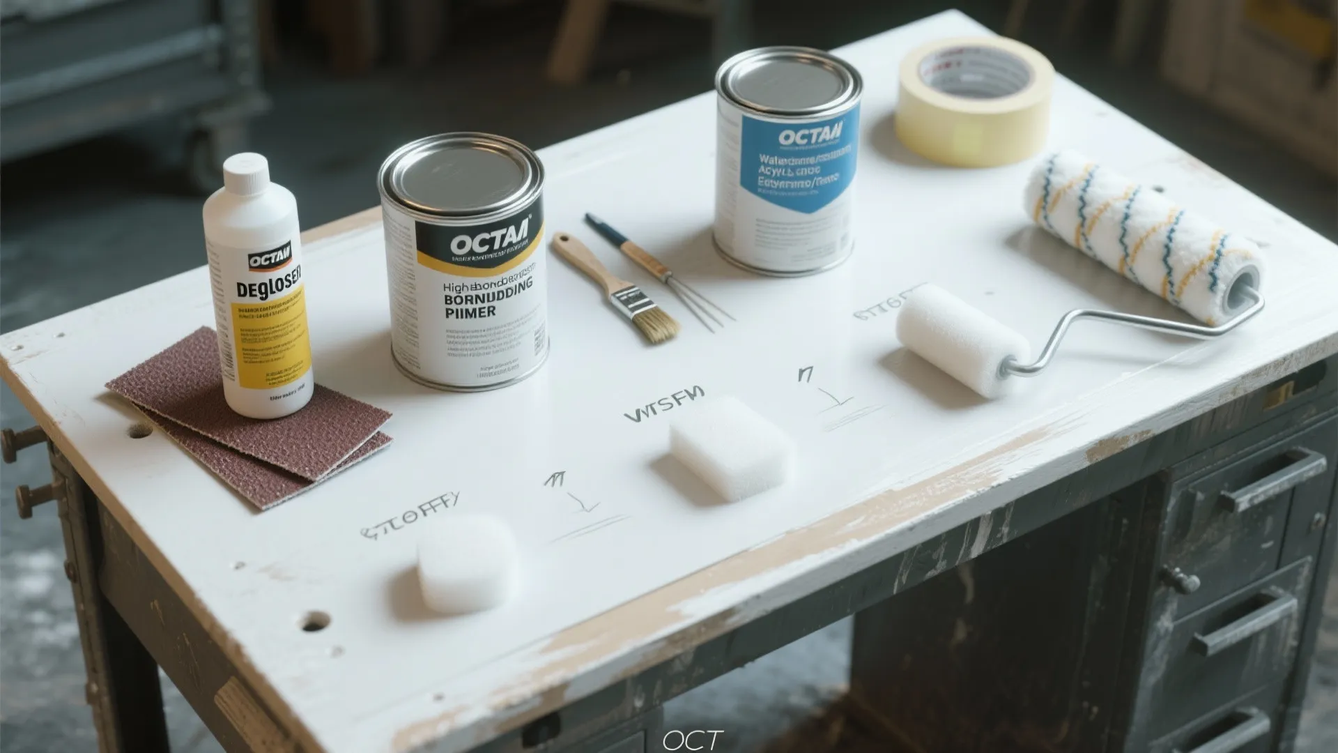 Top-down layout of countertop prep tools: deglosser, sandpaper, primer, paint, masking tape, and topcoat