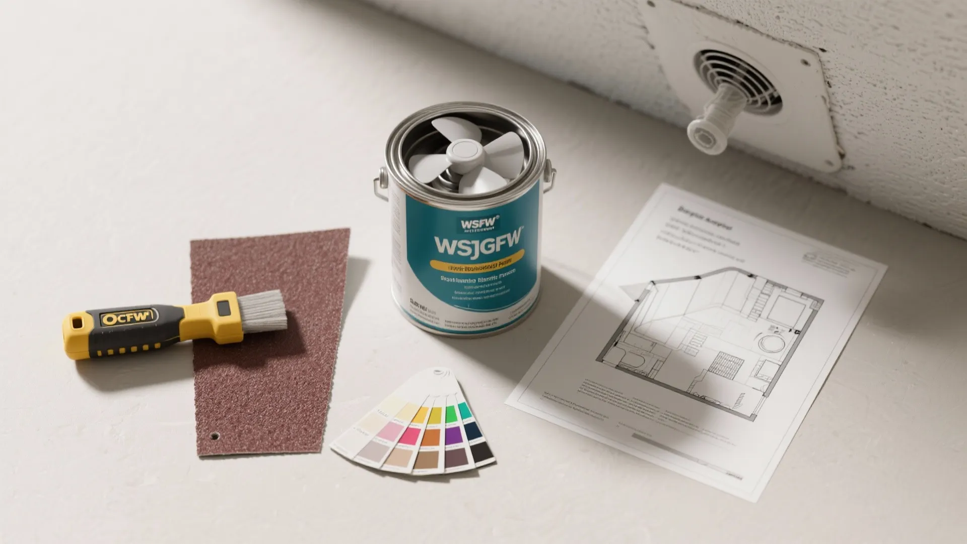 Flatlay of tools and materials for bathroom ceiling prep: primer, sandpaper, paint swatches, and a ventilation diagram.