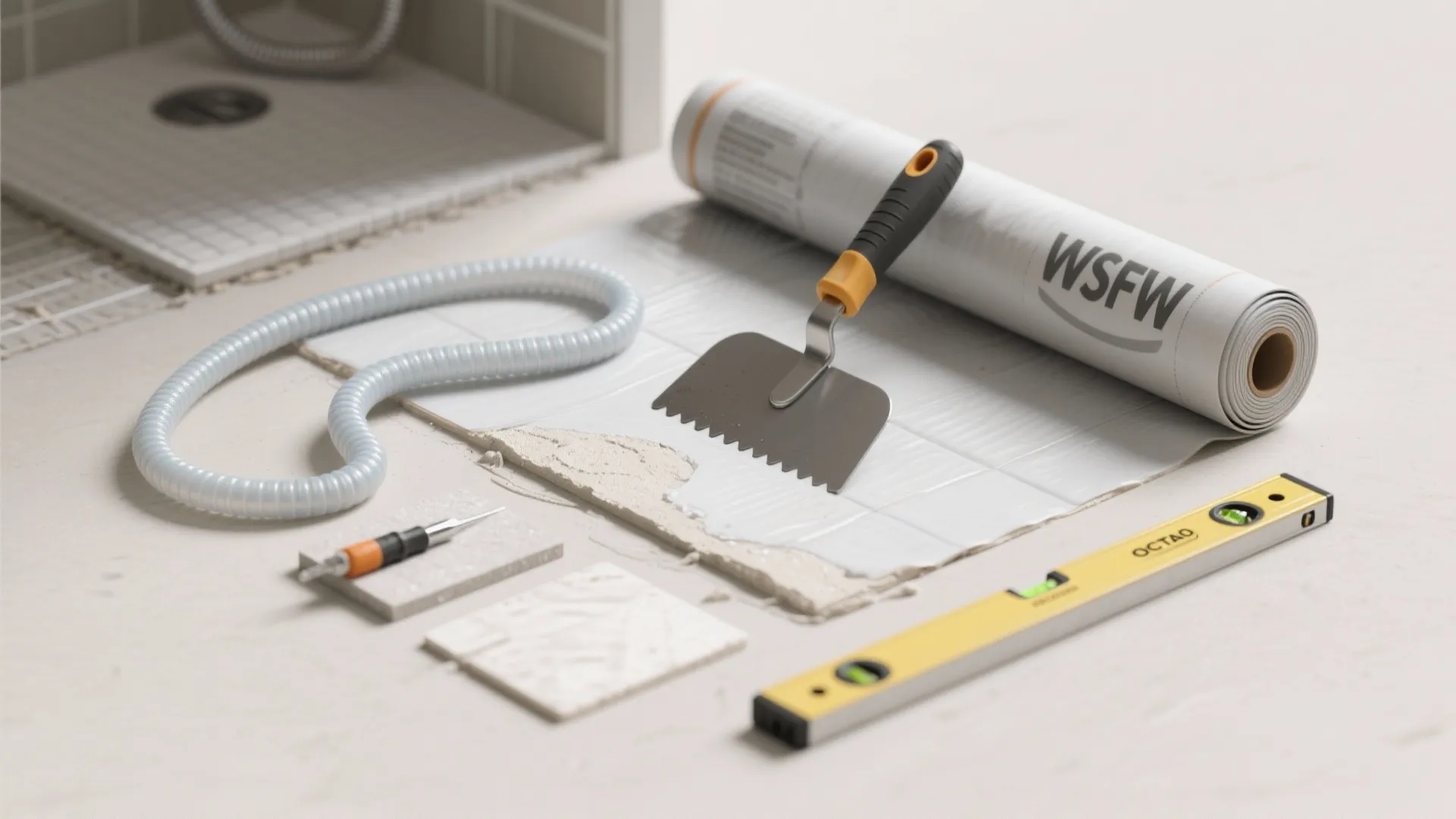 Various tiling tools including a level and notched trowel placed on a white work surface floor