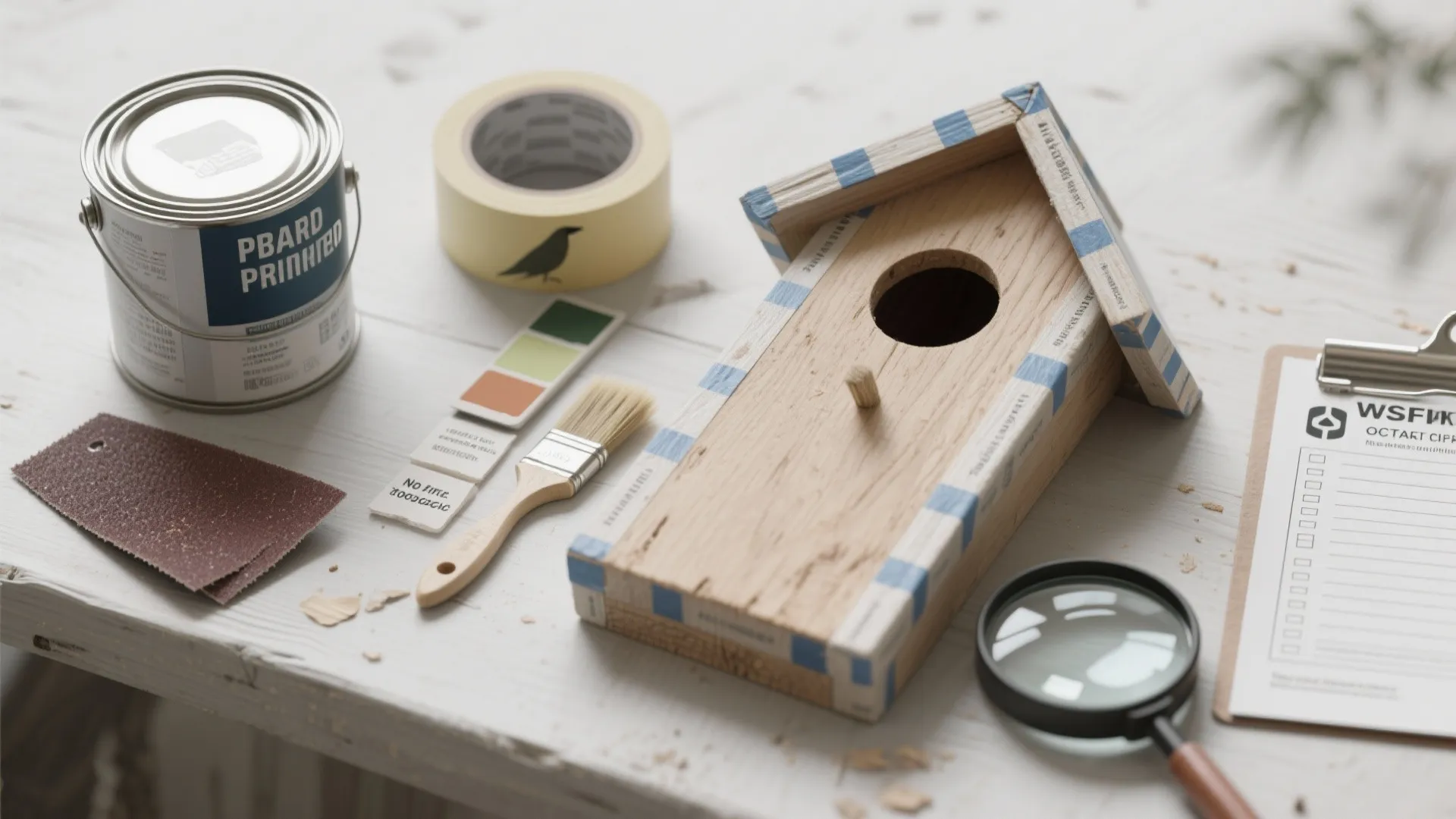 Wooden birdhouse craft project with paint can tape brush color samples and a magnifying glass
