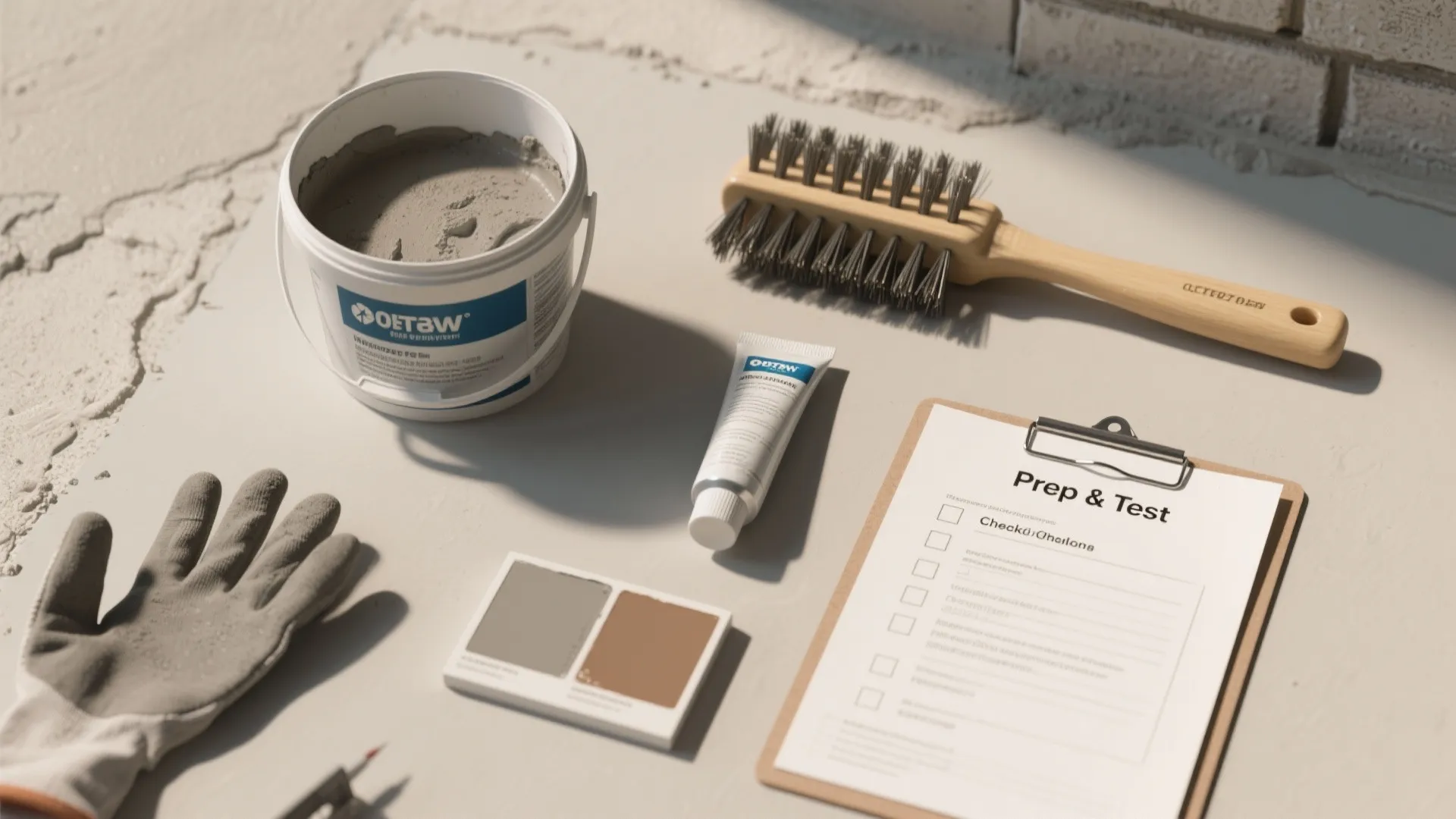 Construction tools including a grey paint bucket wooden brush work glove and checklist on concrete