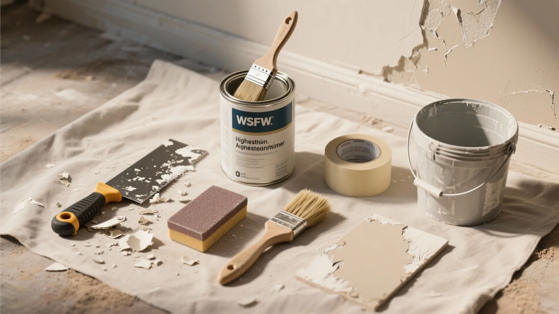 Paint can with brushes masking tape and metal putty knife for repairing a damaged wall