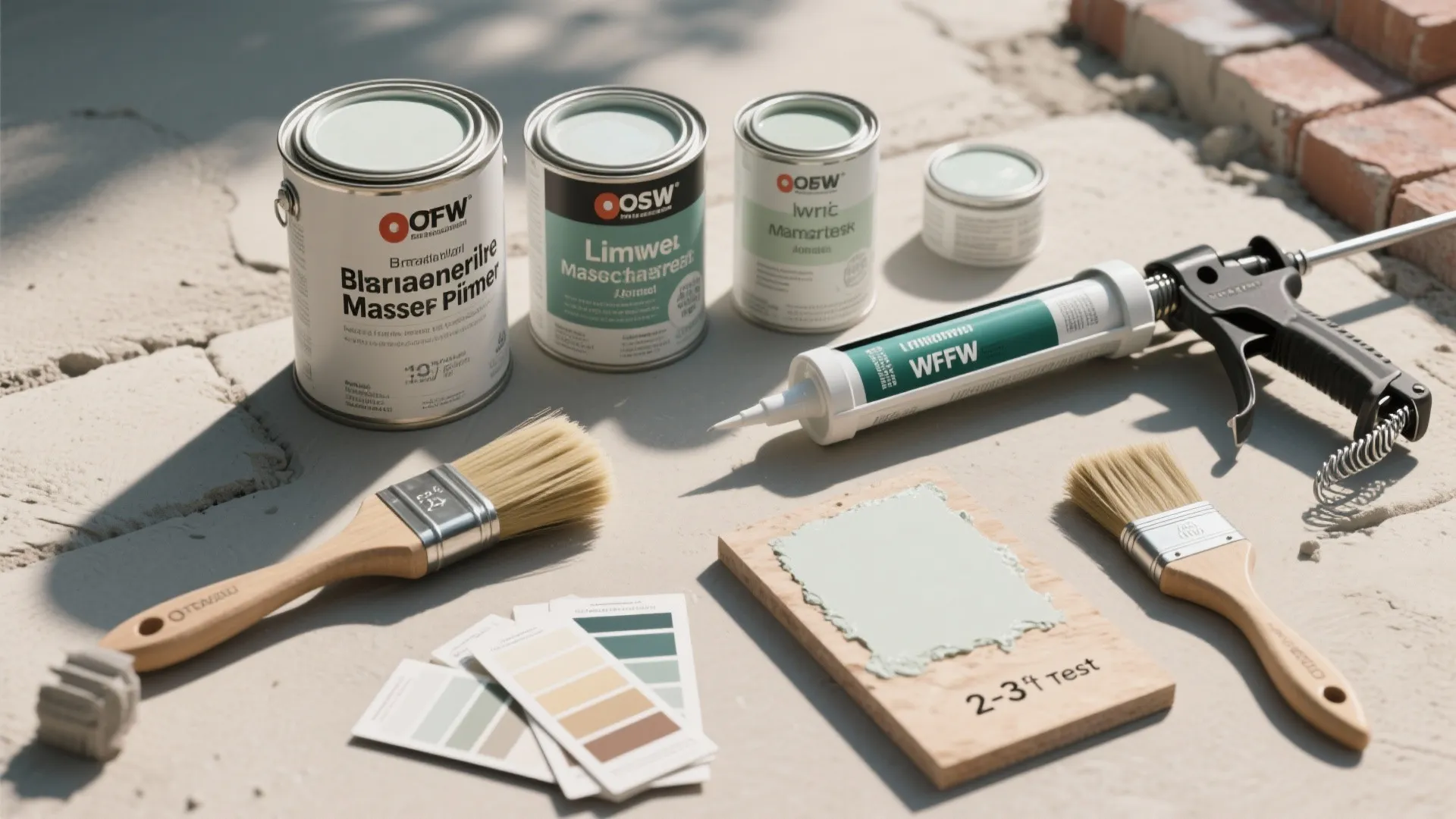 Painting supplies including paint cans brushes glue gun color cards and test wood board outside