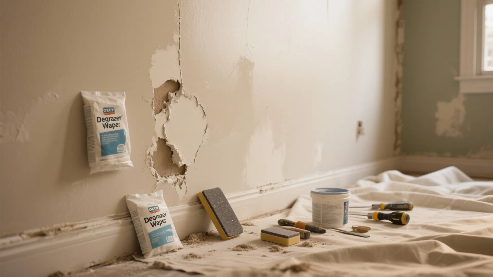 Damaged indoor wall showing peeling paint with cleaning wipes and repair tools on the floor