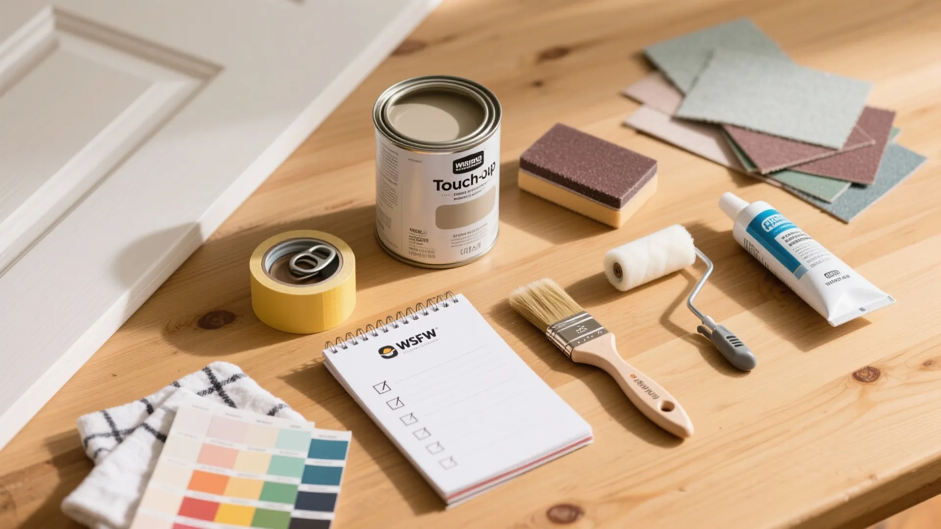 Collection of painting tools including a paint can plus roller and brush on a wooden table