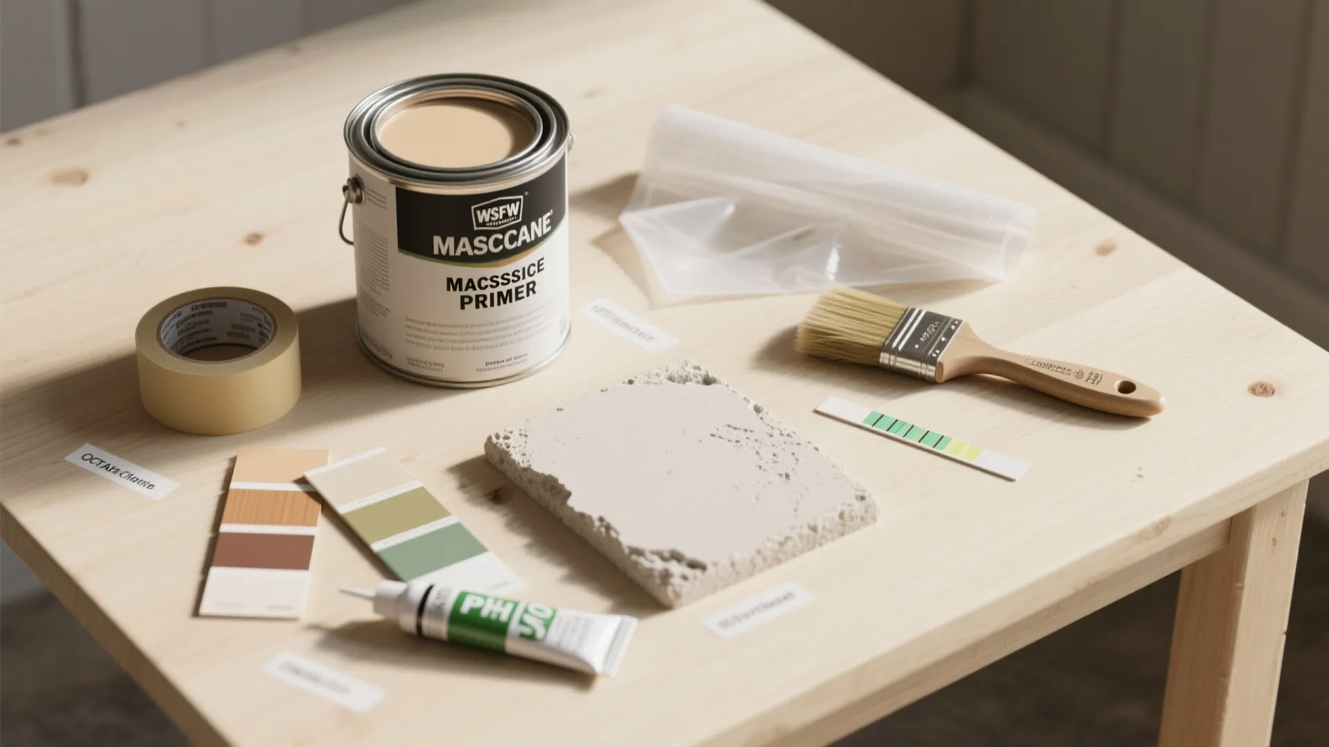 Top-down flatlay of masonry prep tools and paint swatches used for painting block walls.