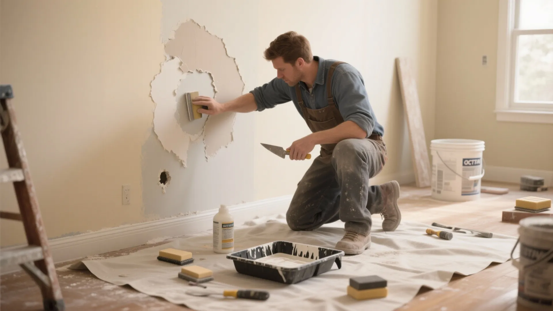 Handyman patching drywall and sanding a wall with tools and a drop cloth in a bright room.