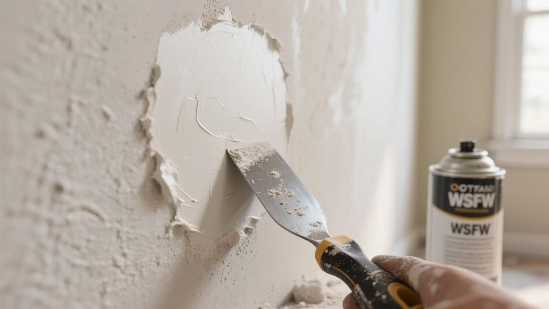 Person using a metal scraper tool to apply white plaster filler to a damaged wall