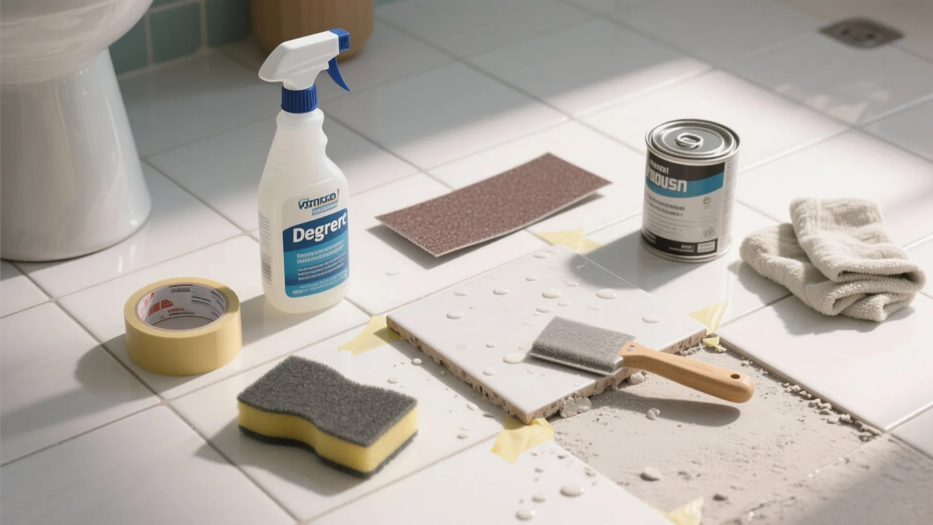 Top-down view of tile prep tools: degreaser, sandpaper, primer, and painter's tape on bathroom tiles.