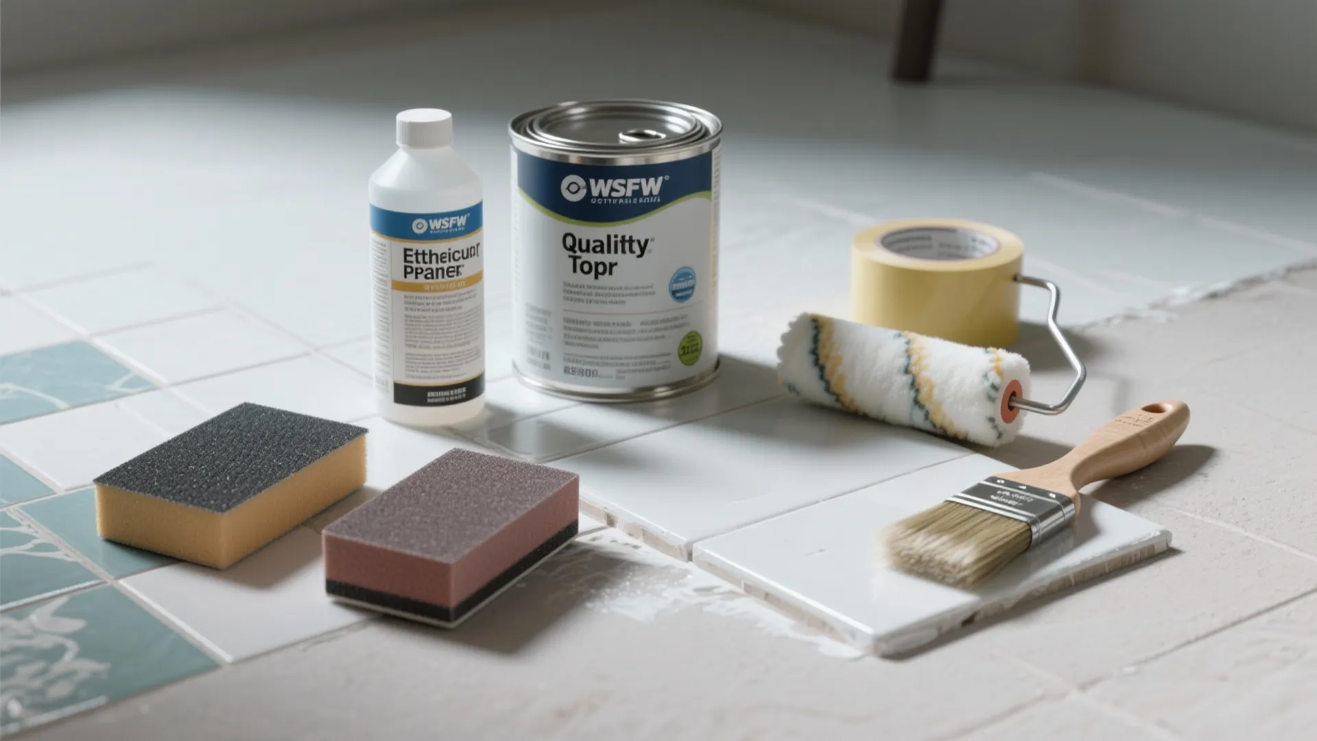 Floor painting tools including paint can and roller and brush and sponges on white tiles