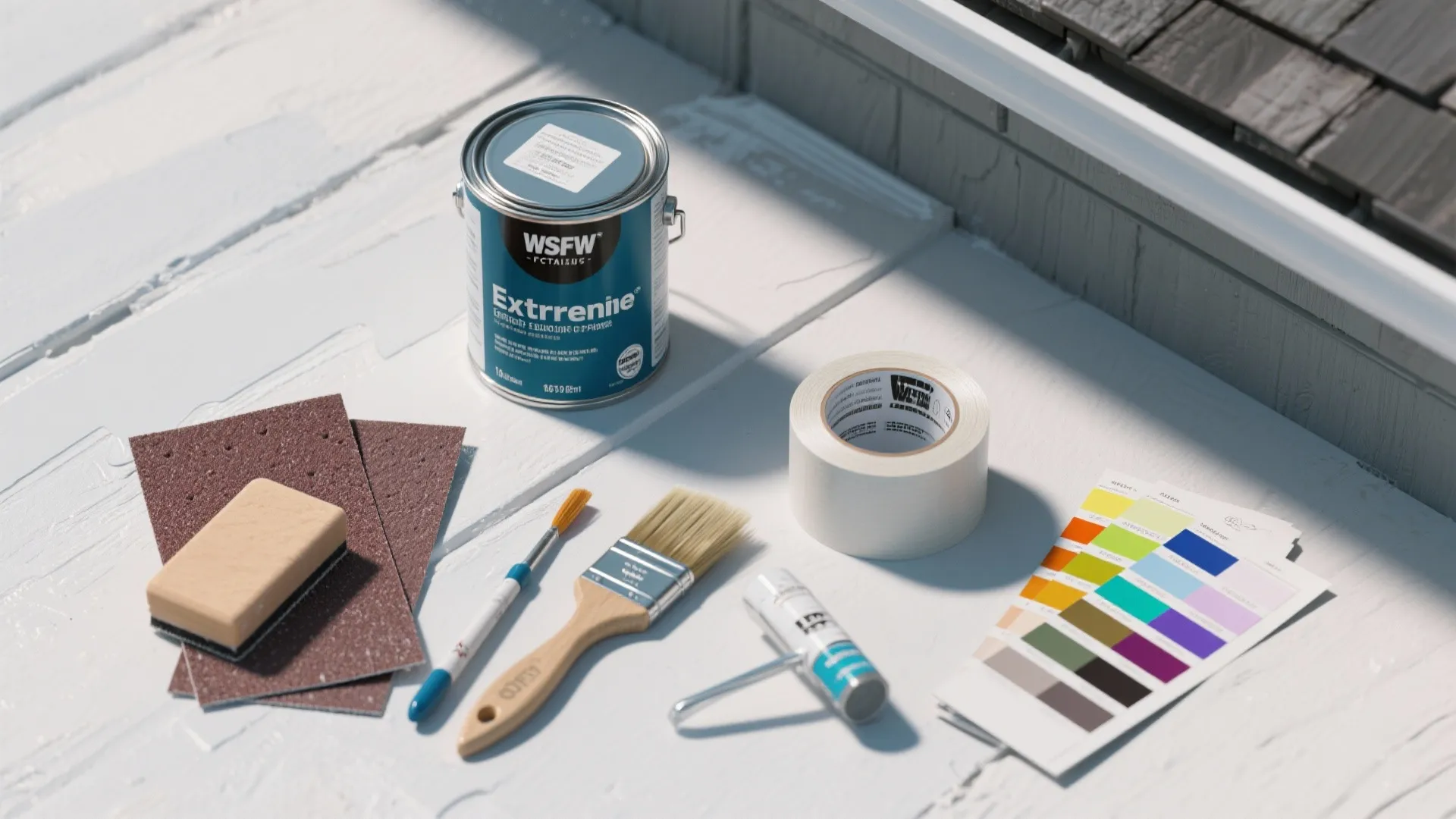 Painting supplies including blue paint can, brushes, tape, sandpaper, and colorful swatches on white floor